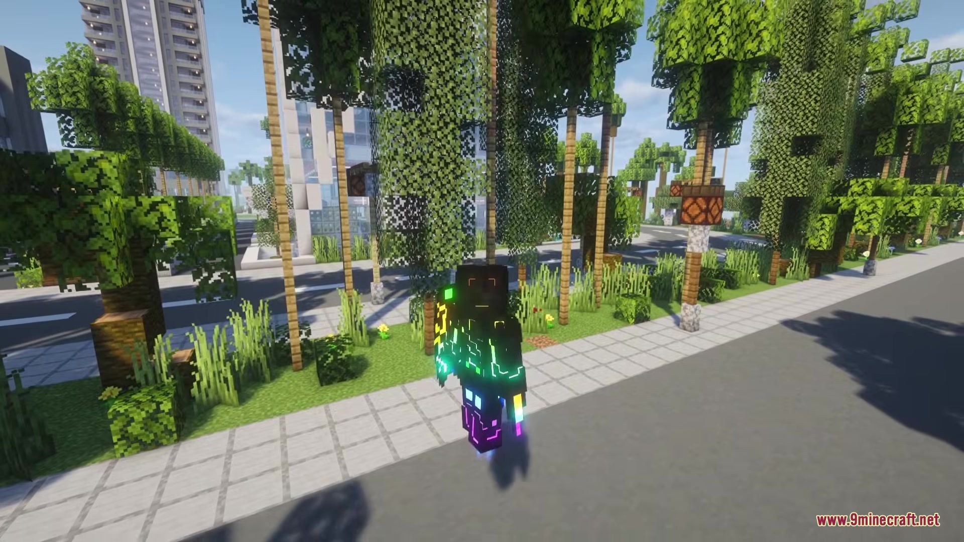 A Minecraft character wearing a glowing neon tech suit stands on a sidewalk