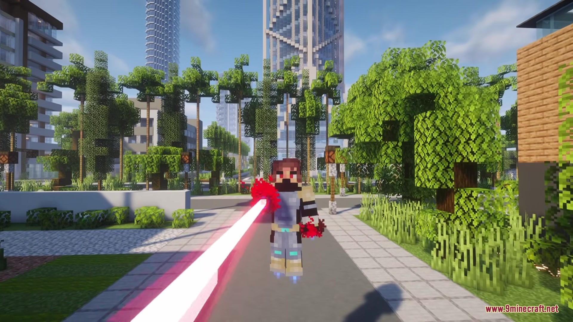Superhero character firing a powerful red laser beam in a city street