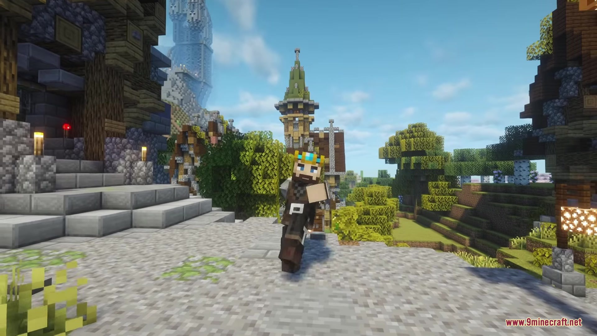 Artifex Mod Screenshot 1 A Minecraft character wearing a crown runs through a scenic medieval village