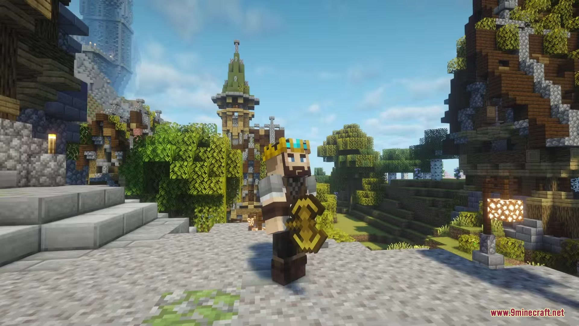 Artifex Mod Screenshot 2 A bearded king character holds a golden battleaxe in a medieval village