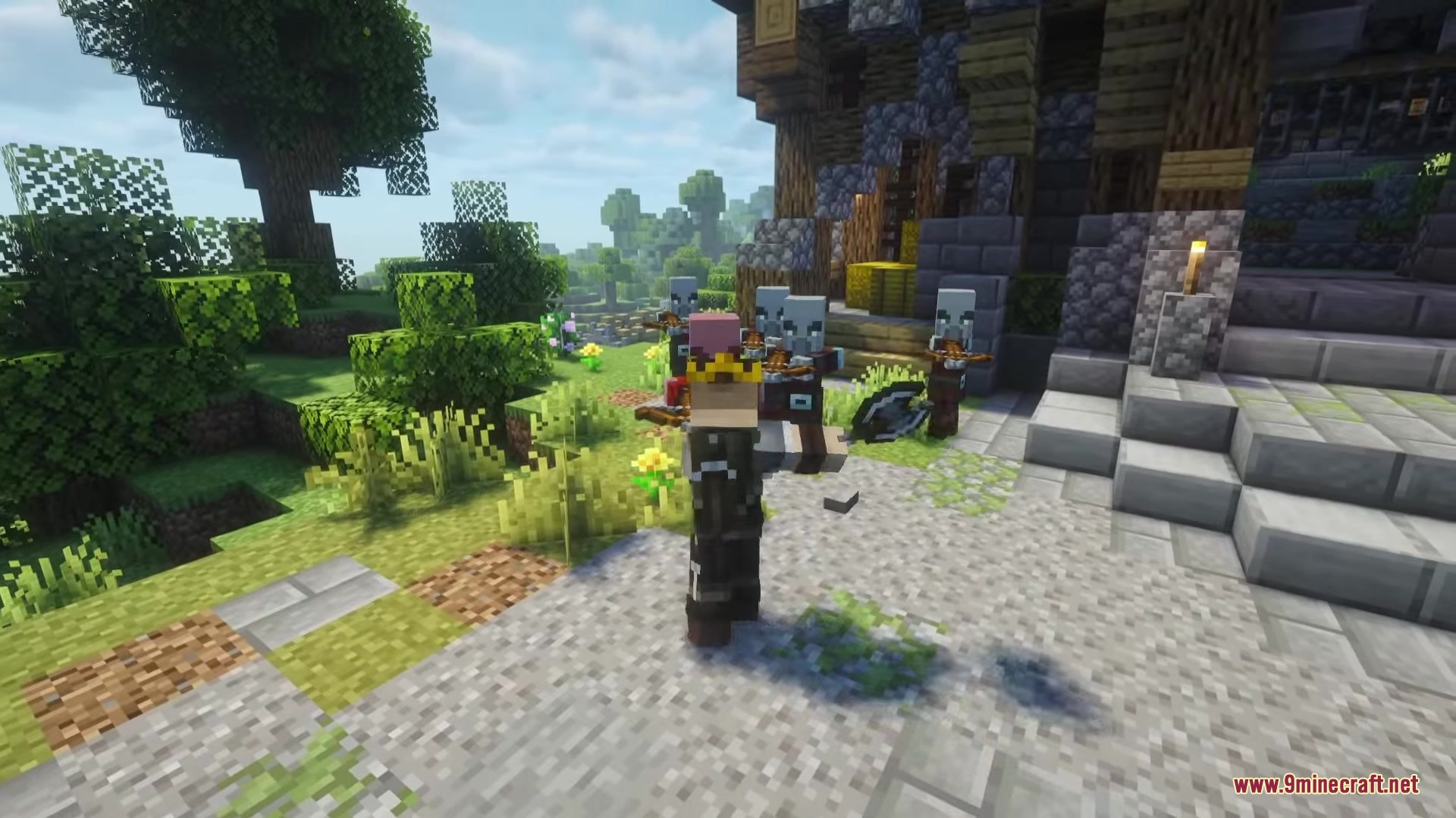 Artifex Mod Screenshot 3 A player wearing a crown confronts a group of pillagers near a building