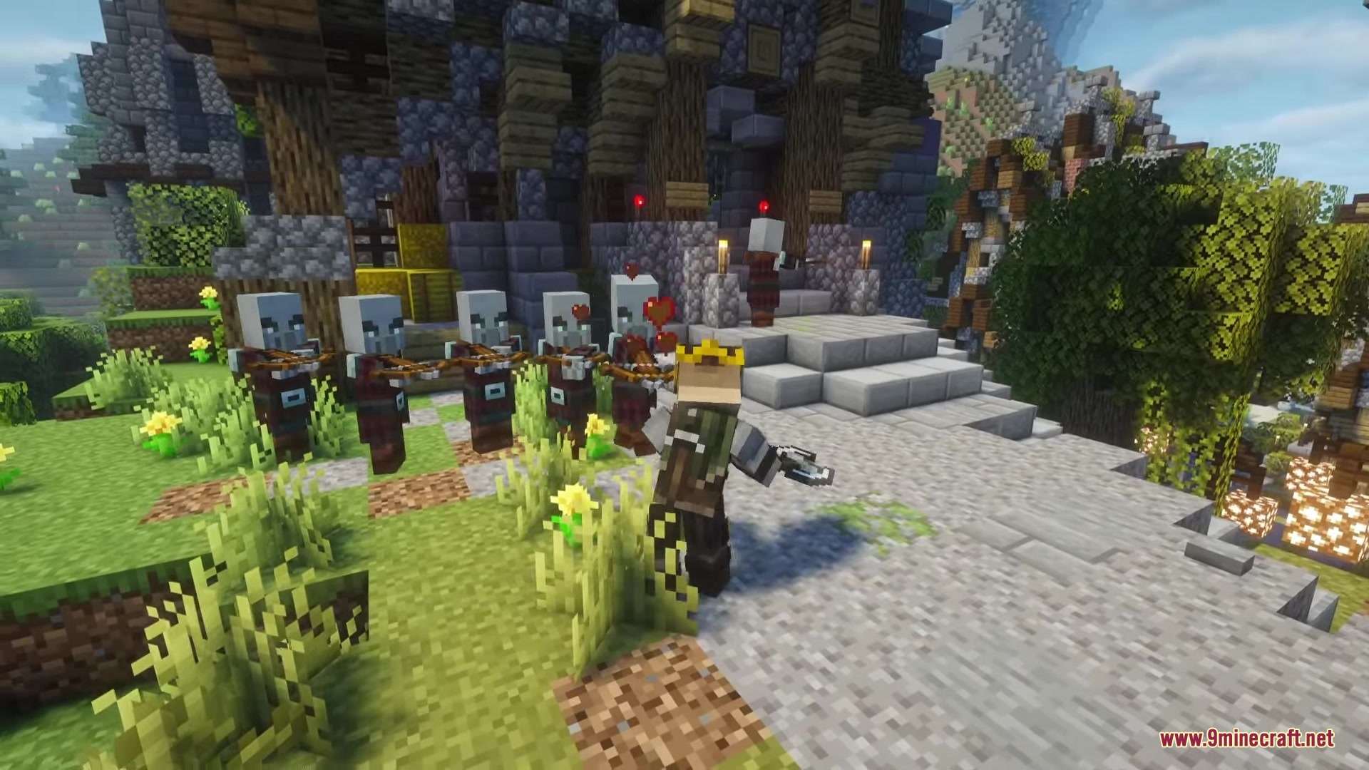 Artifex Mod Screenshot 4 The player uses a unique melee weapon to attack a line of pillagers