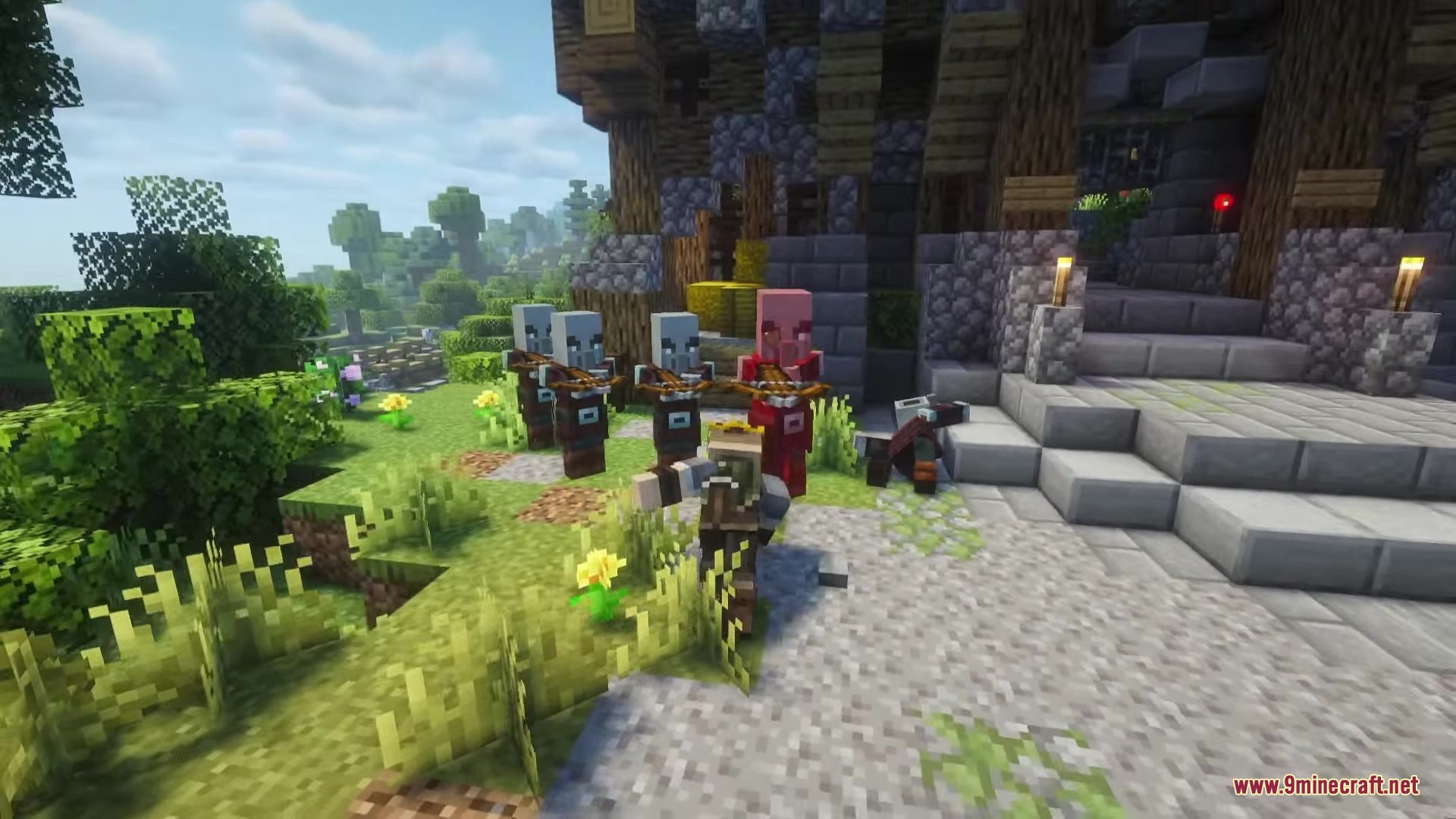 Artifex Mod Screenshot 5 Pillagers and a vindicator aiming crossbows at a target in a village setting
