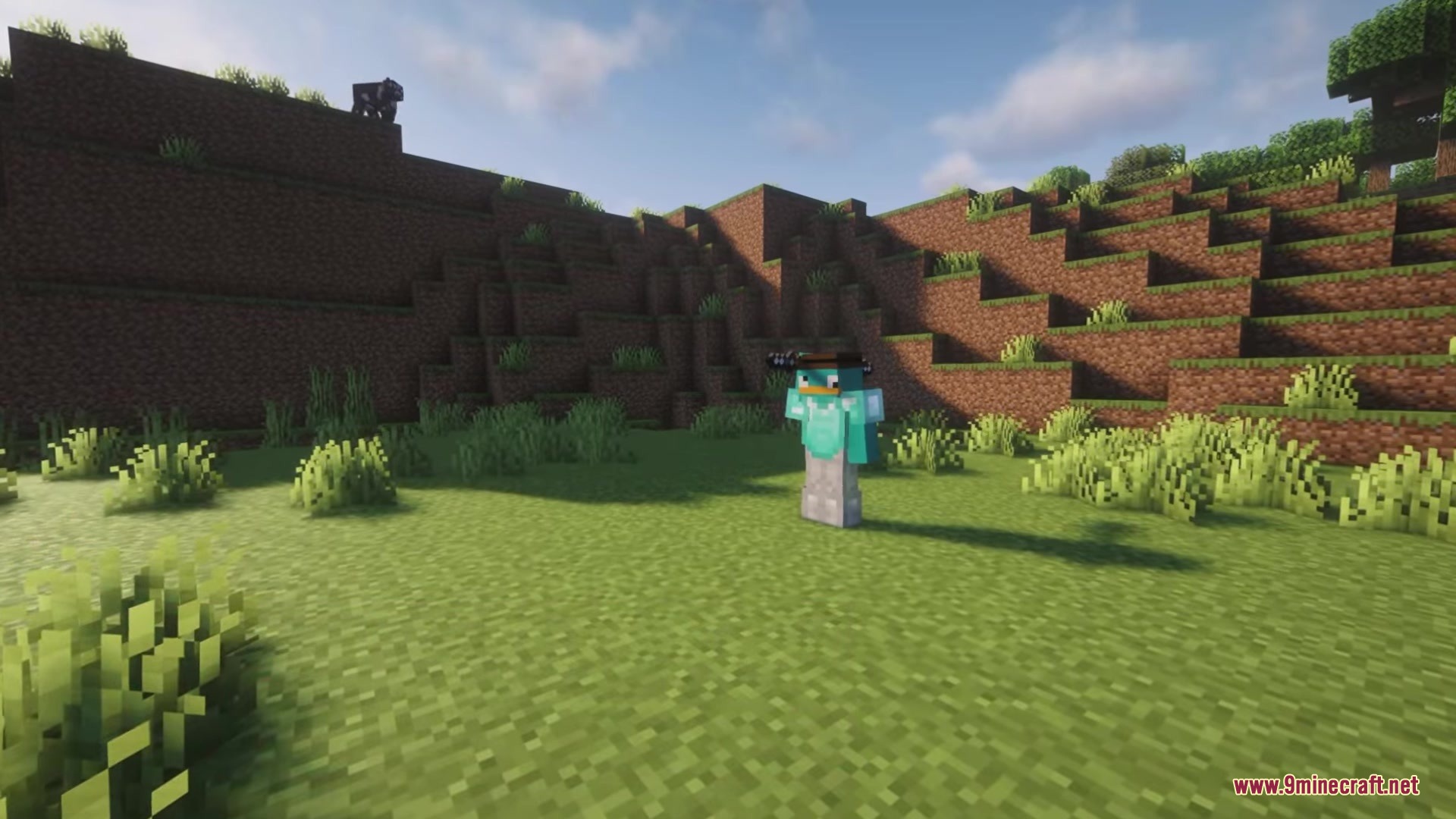 Artifex Mod Screenshot 6 Minecraft player wearing diamond armor and a platypus hat in a grassy field