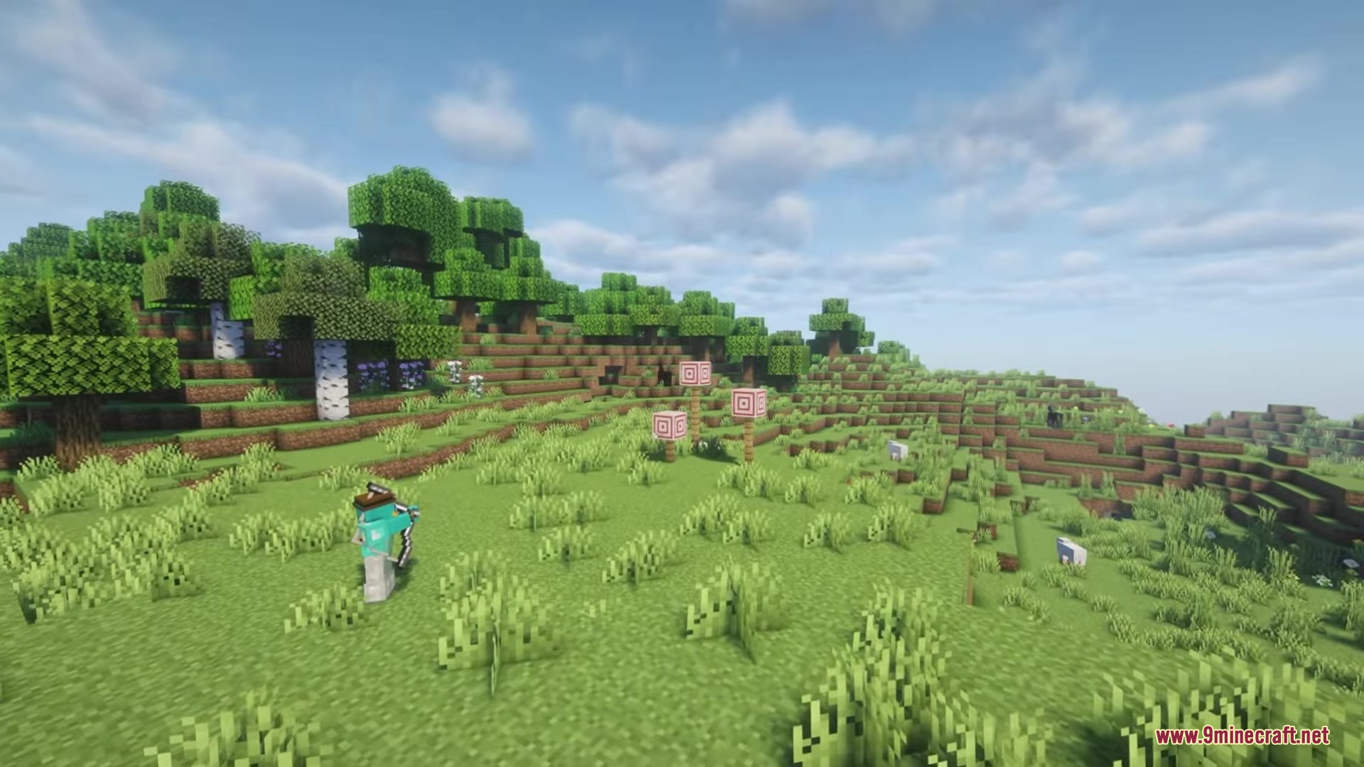 Artifex Mod Screenshot 7 A player wearing diamond armor aims a bow at target blocks outdoors