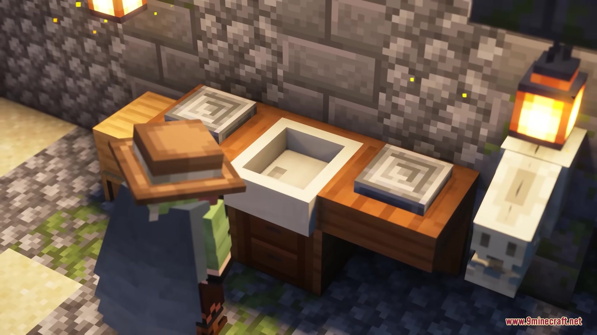 A player character uses a pottery workstation from the Artisan Pottery mod