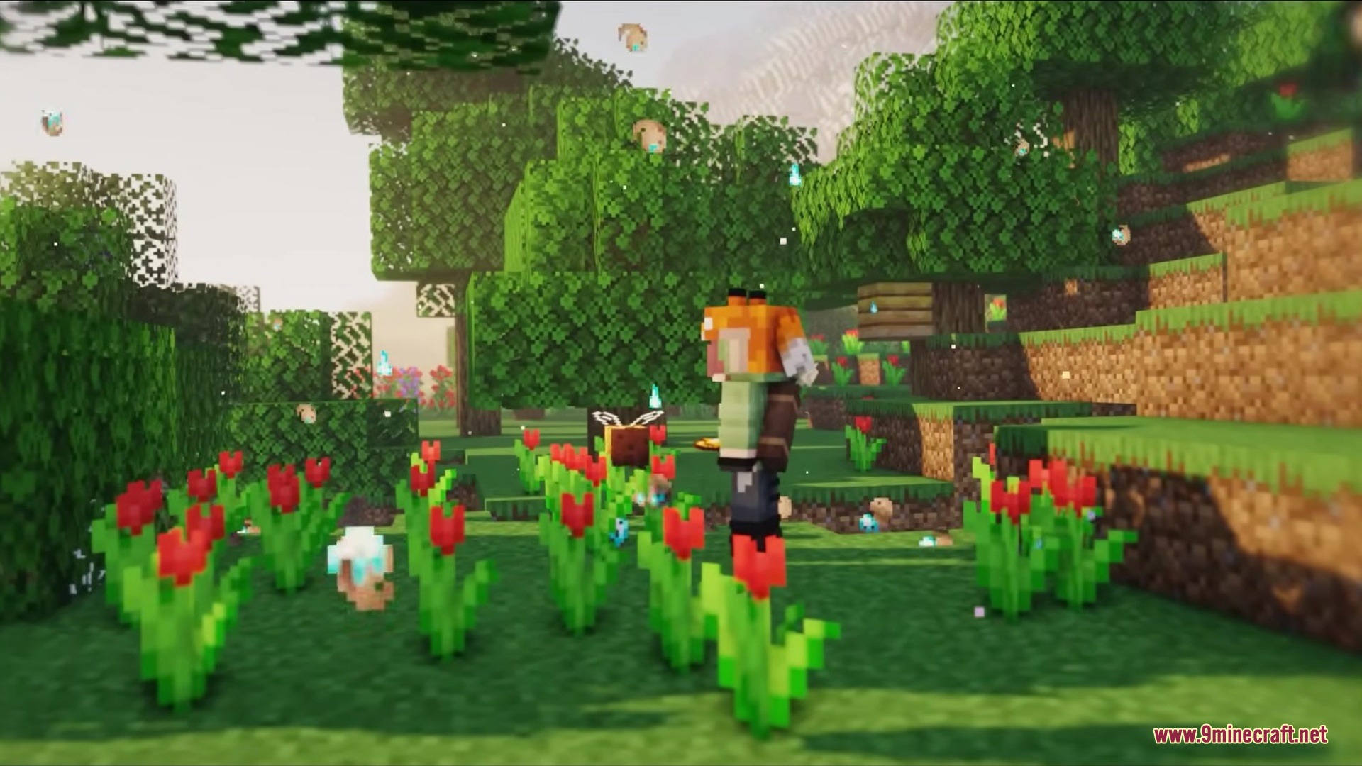 As You Wish Mod Screenshot 1 A character stands among red tulips and trees with magical glowing particles