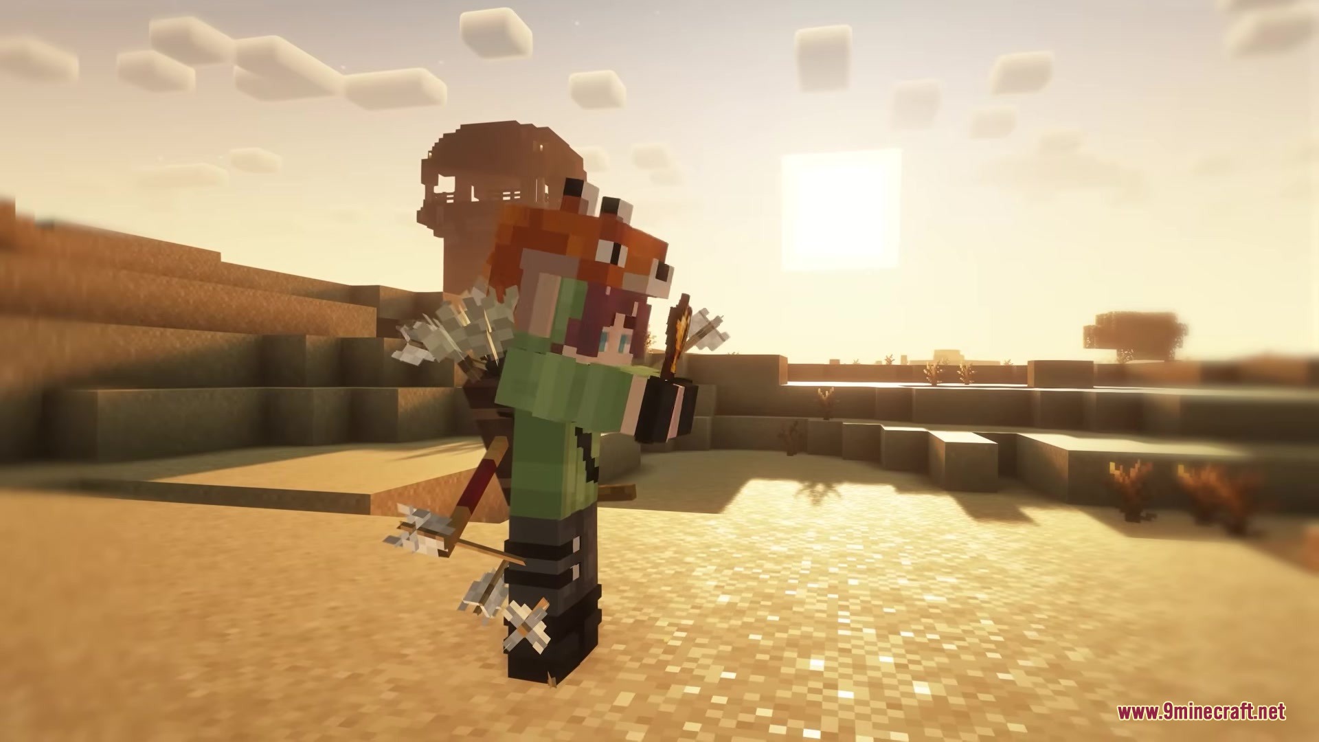 As You Wish Mod Screenshot 3 A Minecraft character covered in arrows standing in a desert during sunset