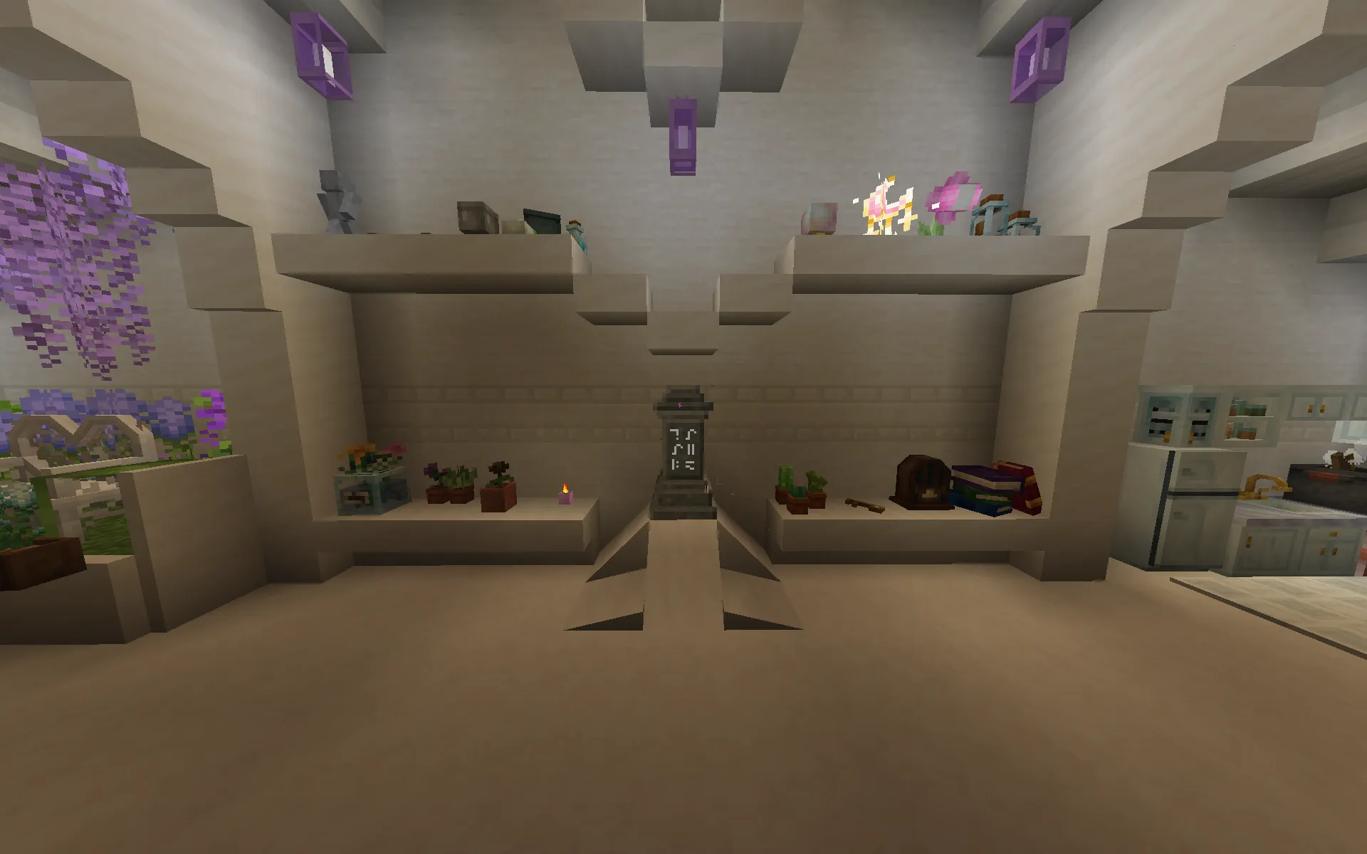 Ashswags Pantheon Schematic Screenshots 4 Symmetrical interior room featuring shelves with plants and a central dark stone pillar