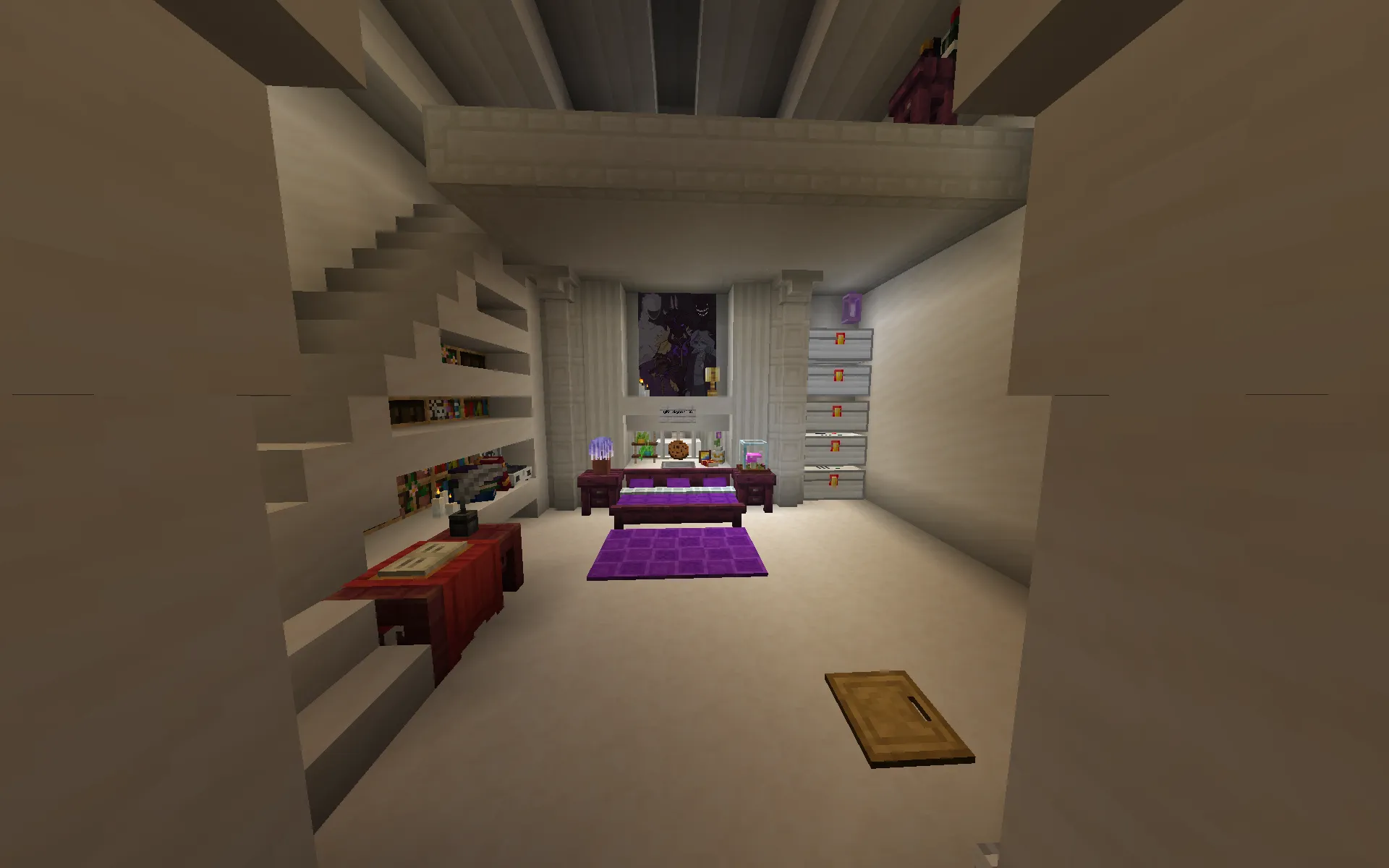 Ashswags Pantheon Schematic Screenshots 5 Cozy bedroom area with a purple bed and shelves built under the stairs