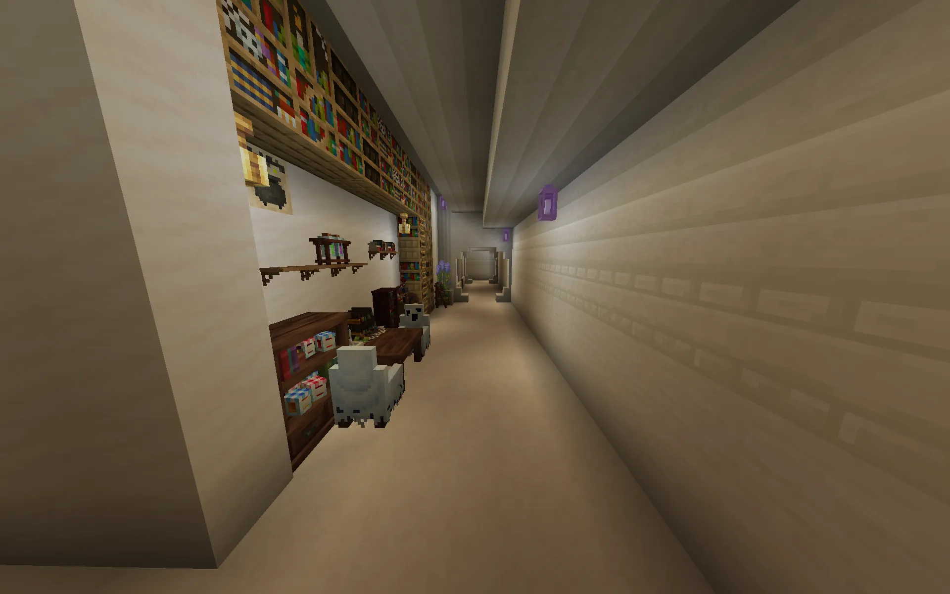 Ashswags Pantheon Schematic Screenshots 6 A long hallway in Minecraft with bookshelves and a study area