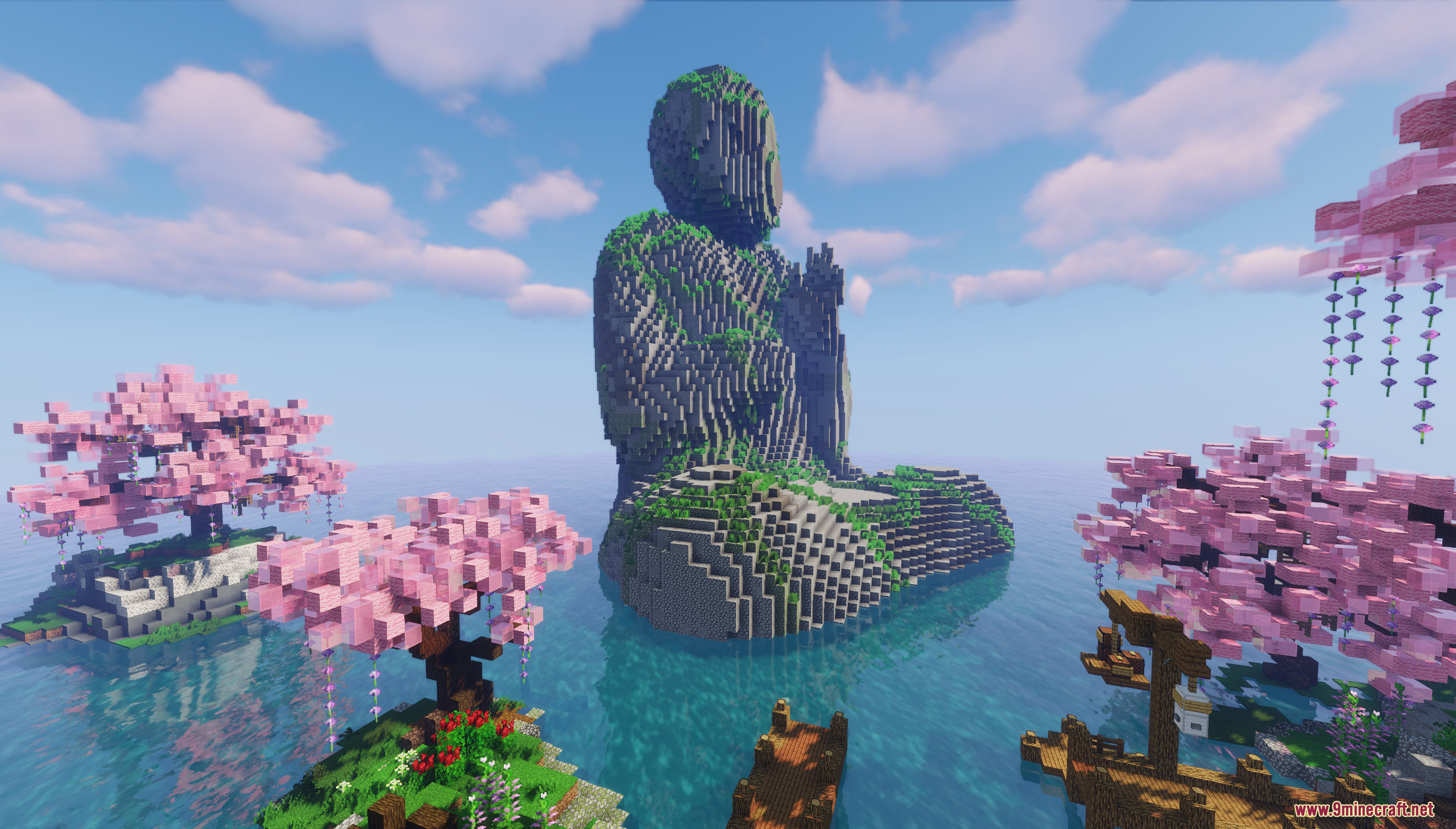 Asia Theme Lobby Map Screenshot 1 Giant stone Buddha statue surrounded by pink cherry blossom trees in the ocean