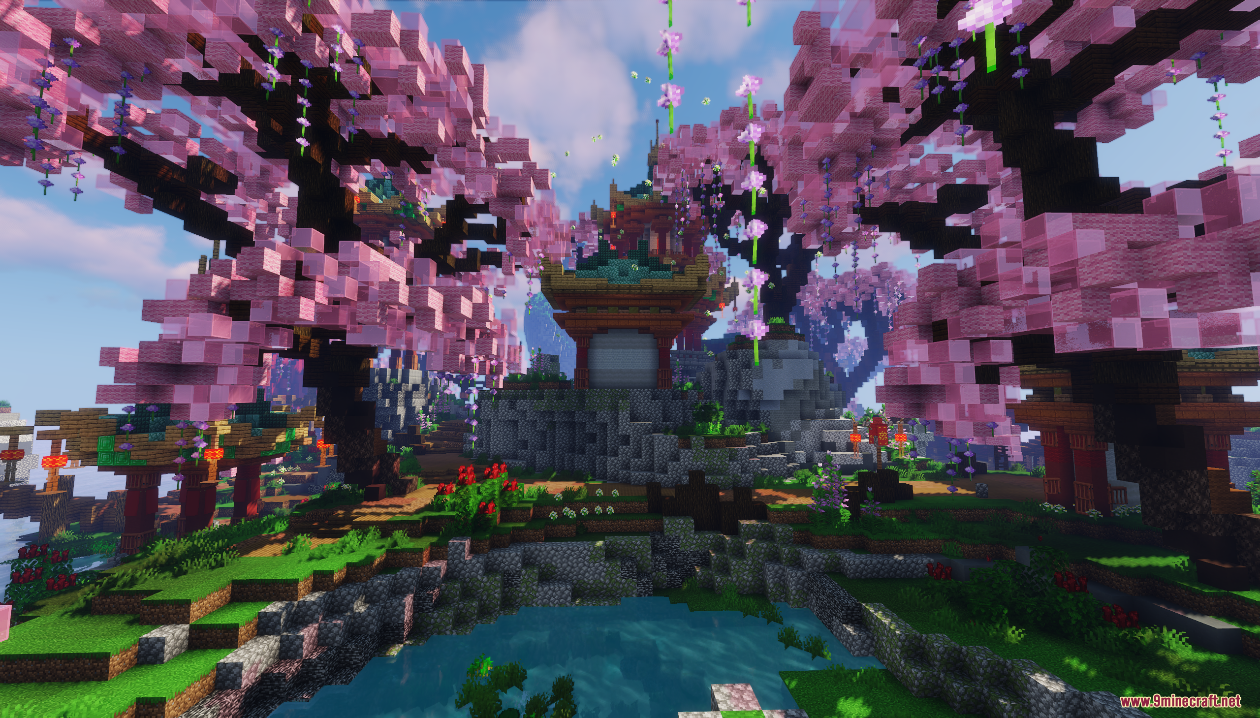 Asia Theme Lobby Map Screenshot 10 Scenic view of an Asian gate and pond under cherry blossom trees