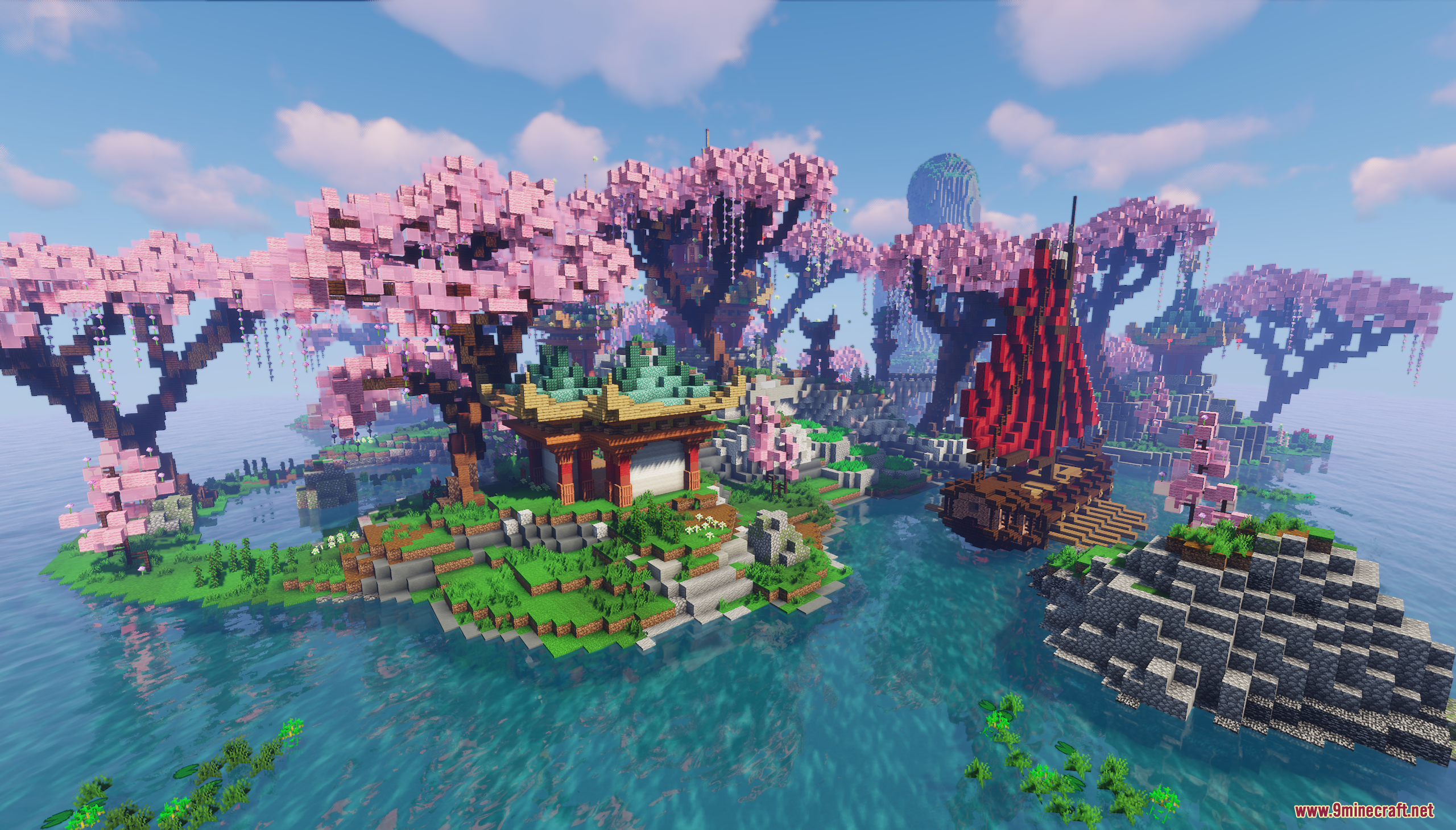 Asia Theme Lobby Map Screenshot 2 Traditional Asian pavilion on an island with a red boat and cherry blossoms