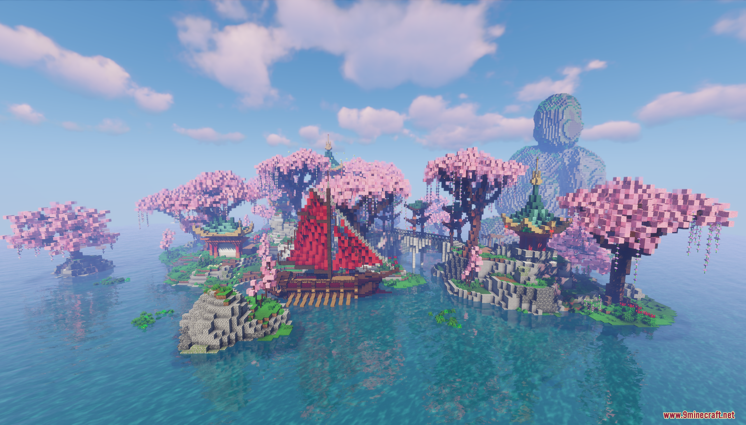 Asia Theme Lobby Map Screenshot 3 A scenic Minecraft island featuring pink cherry blossom trees and a red ship