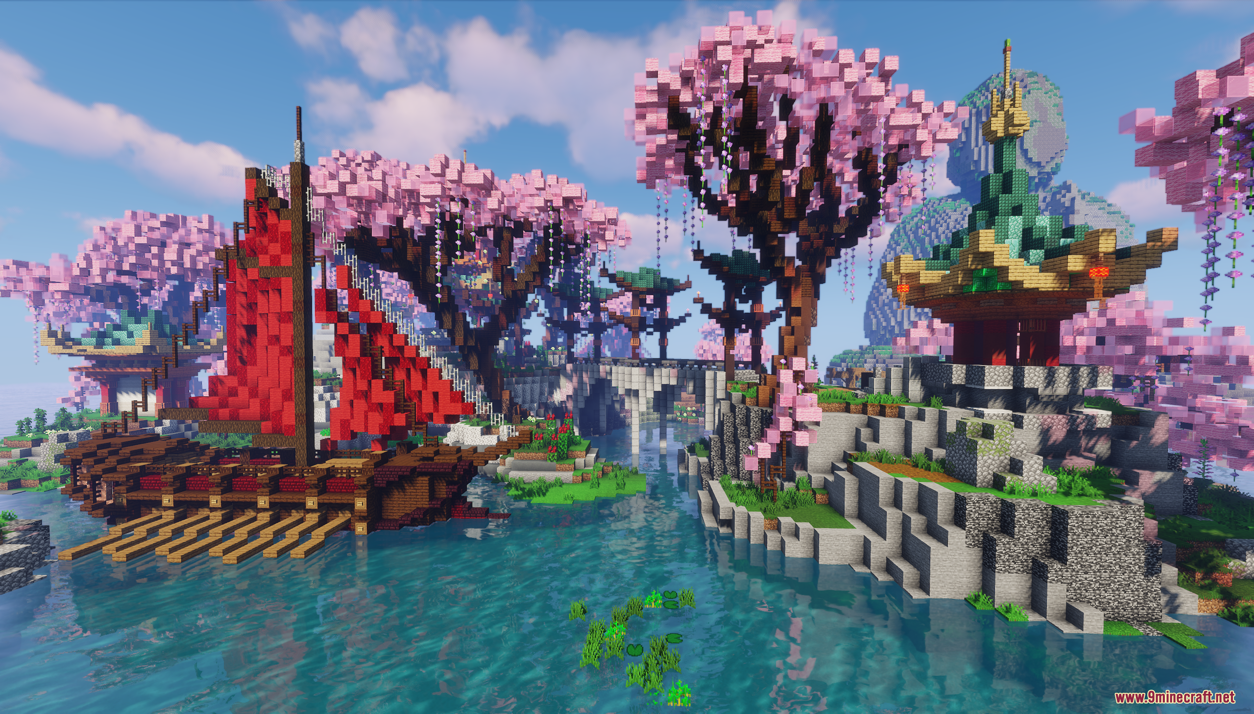 Asia Theme Lobby Map Screenshot 4 A detailed red ship floating in the water next to a green pagoda