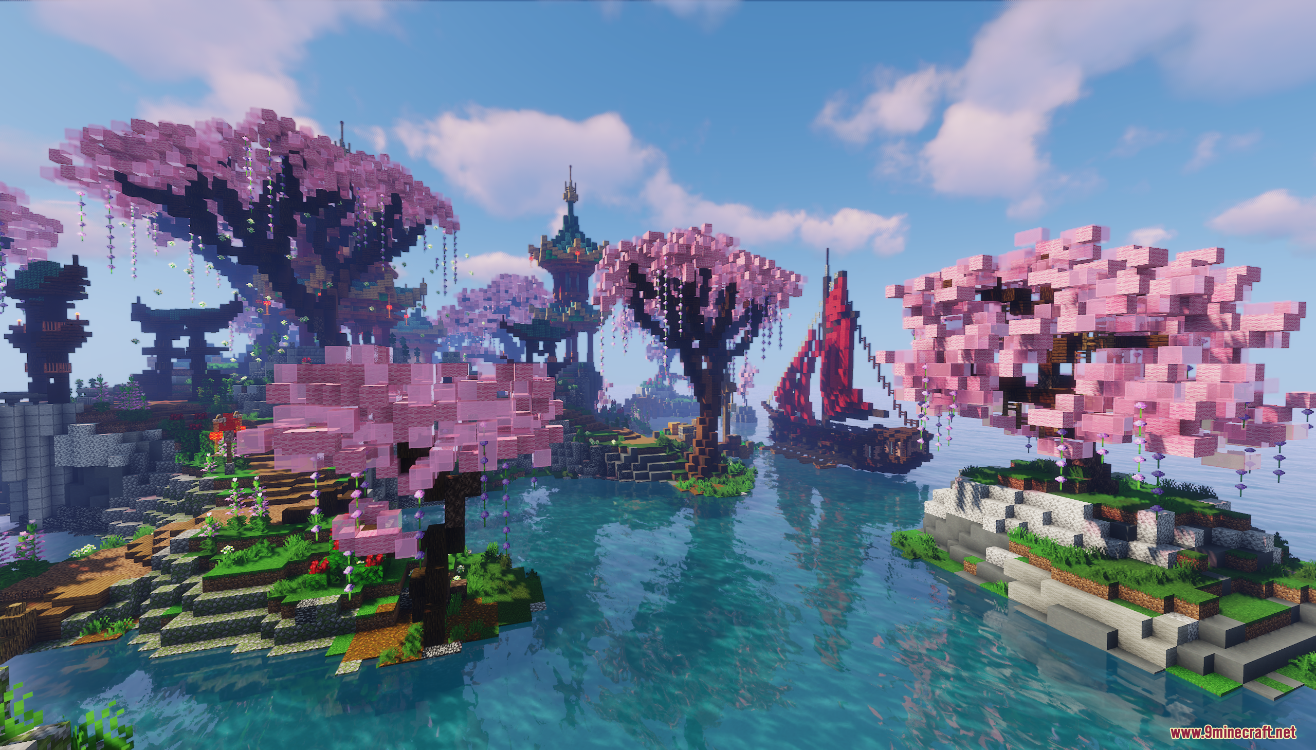 Asia Theme Lobby Map Screenshot 6 Traditional red sailed ship and cherry blossom trees near a torii gate