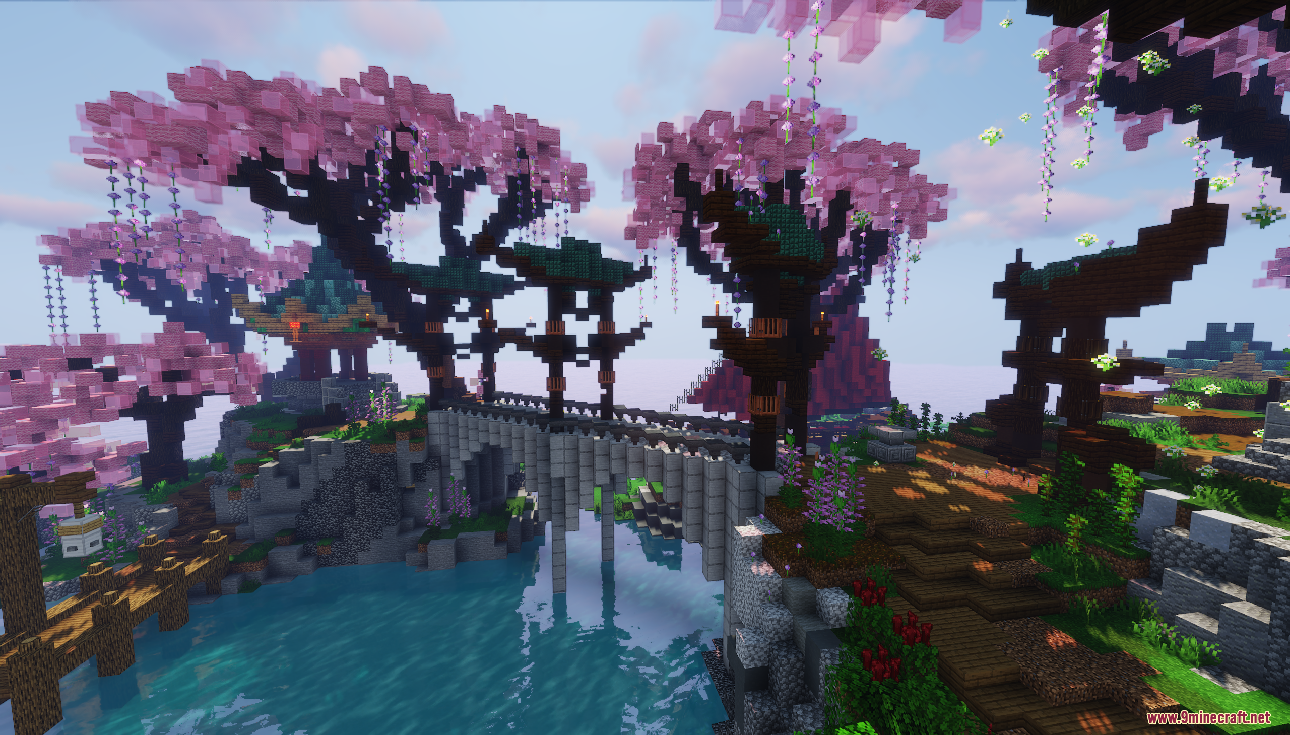 Asia Theme Lobby Map Screenshot 8 A stone bridge crosses water surrounded by pink trees and traditional architecture
