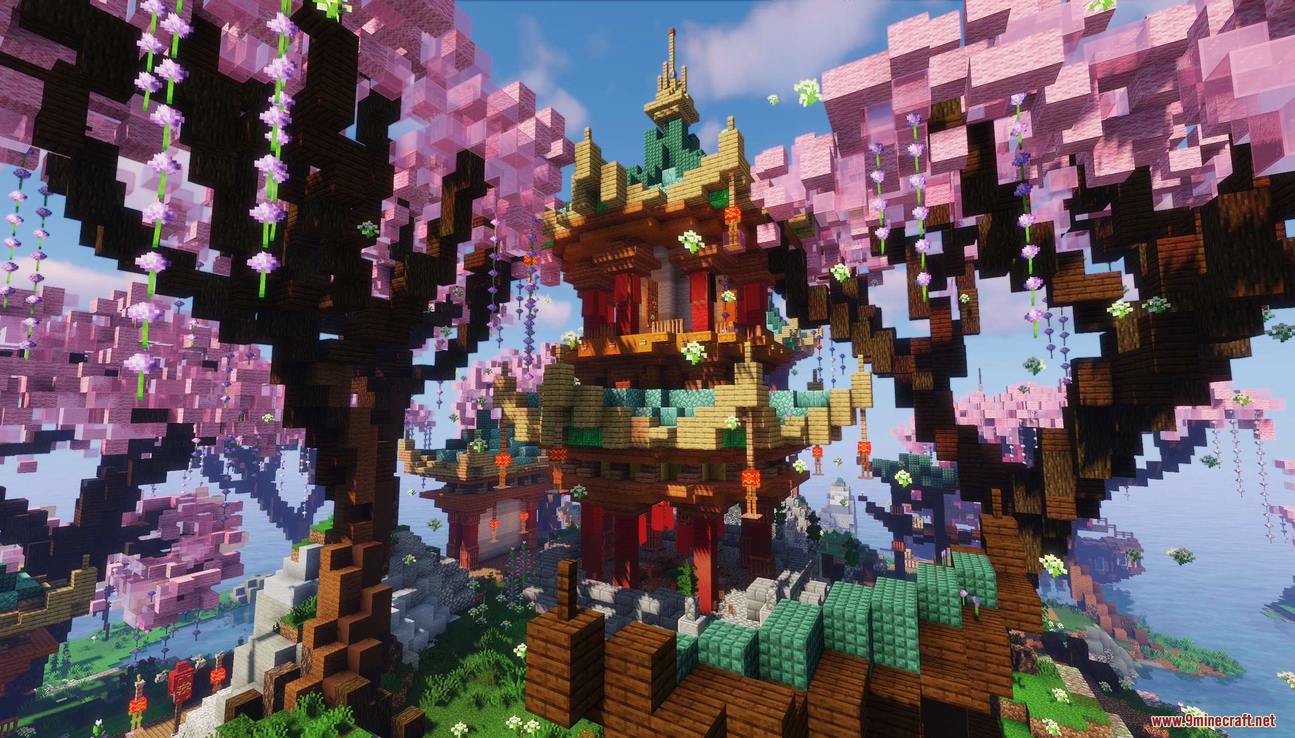Asia Theme Lobby Map Screenshot 9 A tall Asian pagoda stands surrounded by blooming pink cherry blossom trees