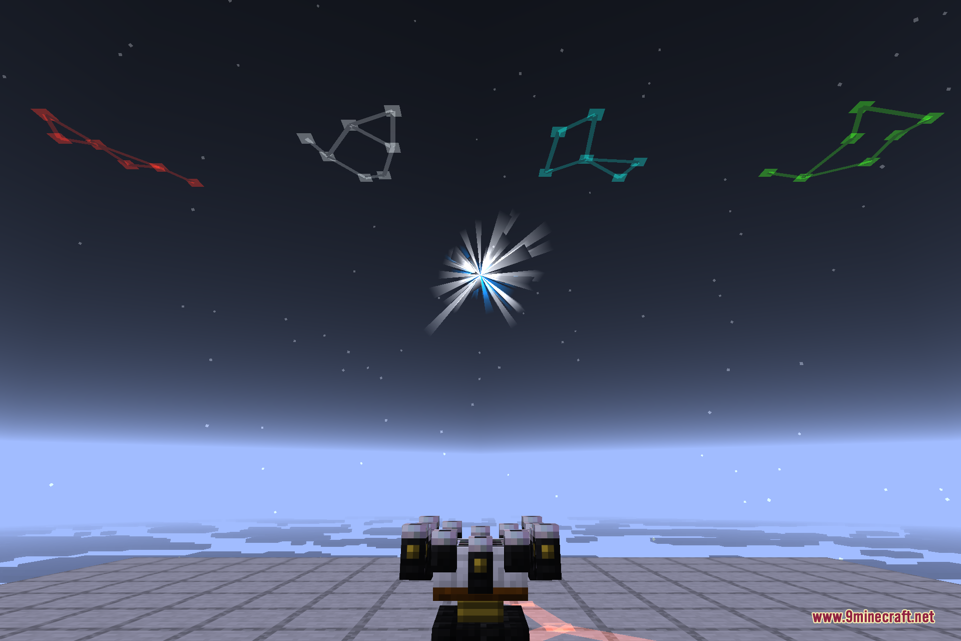 A first-person view holding the Astral Tome and looking up at the night sky, where several constellations are traced in red, white, teal, and green lines among the stars above a bright starlight flare