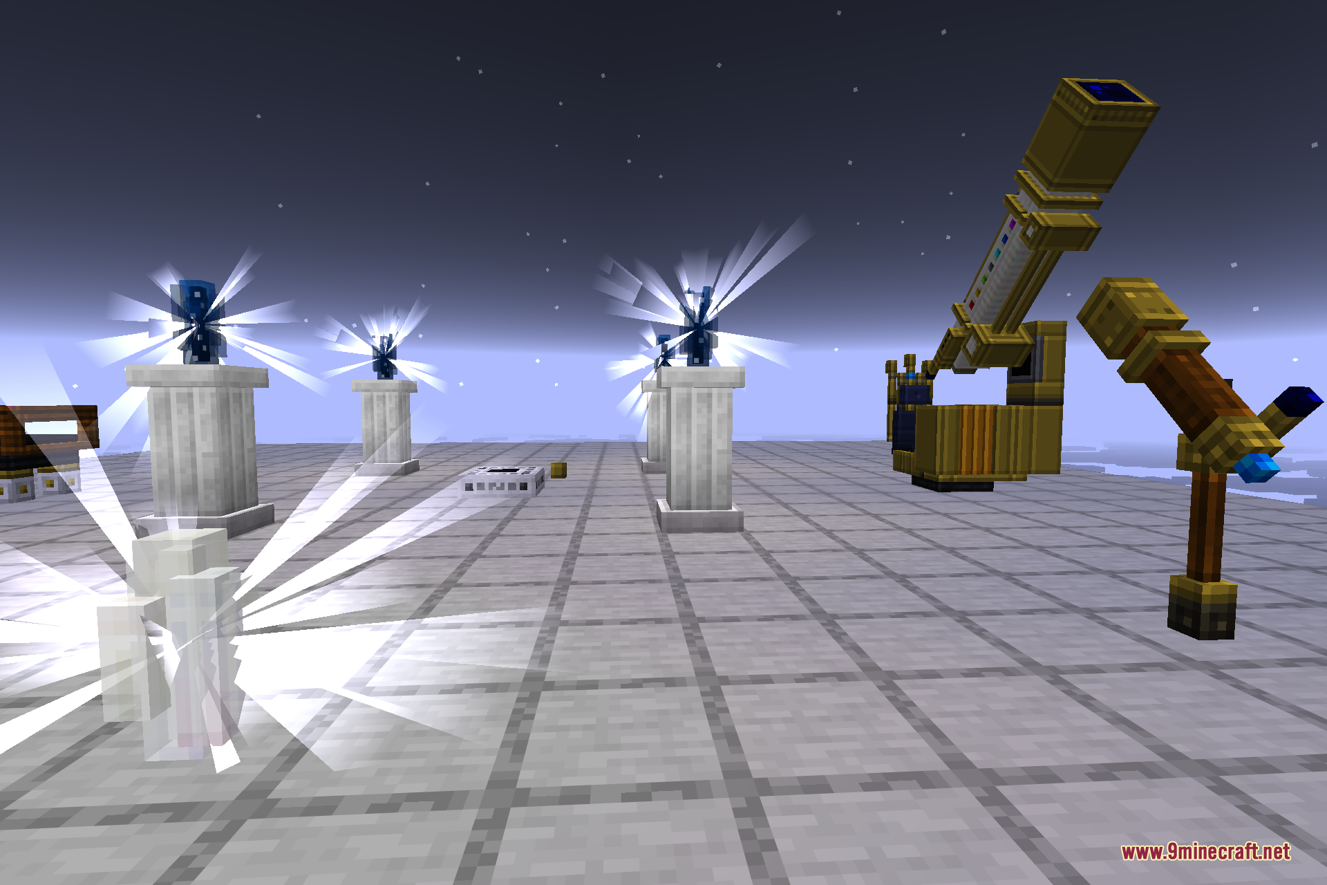 A wider view of an observatory build with marble pedestals, glowing Collector Crystals, a Telescope, chests, and an altar on a marble platform under the night sky