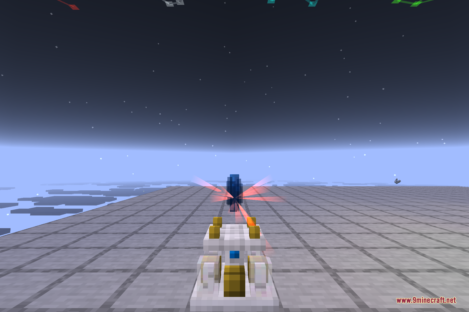 A first-person view holding the Astral Tome facing a Collector Crystal that projects red starlight beams across a marble-tiled platform under the night sky