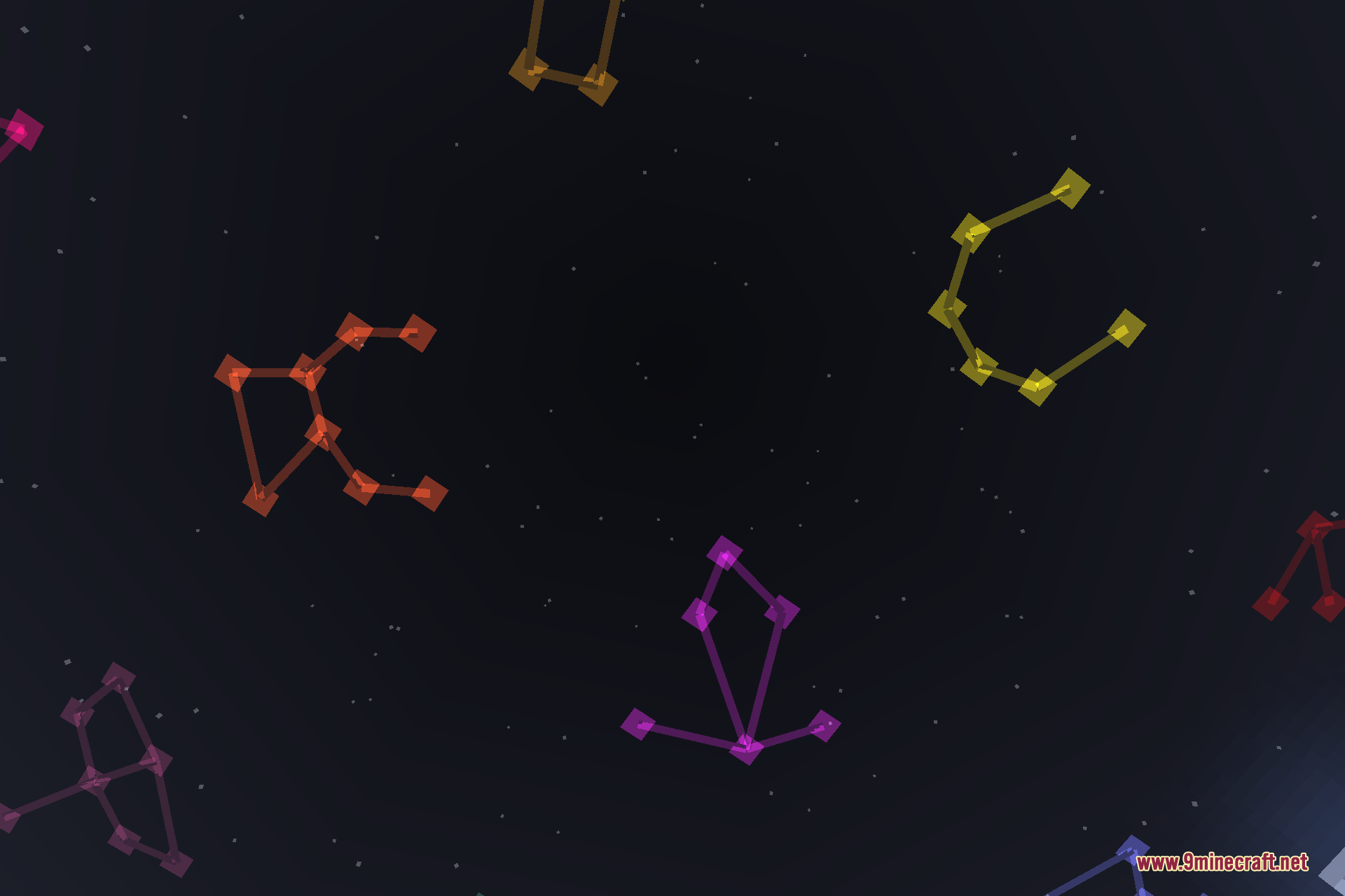 A close-up of the night sky showing several constellation star patterns traced in glowing orange, red, yellow, and purple lines