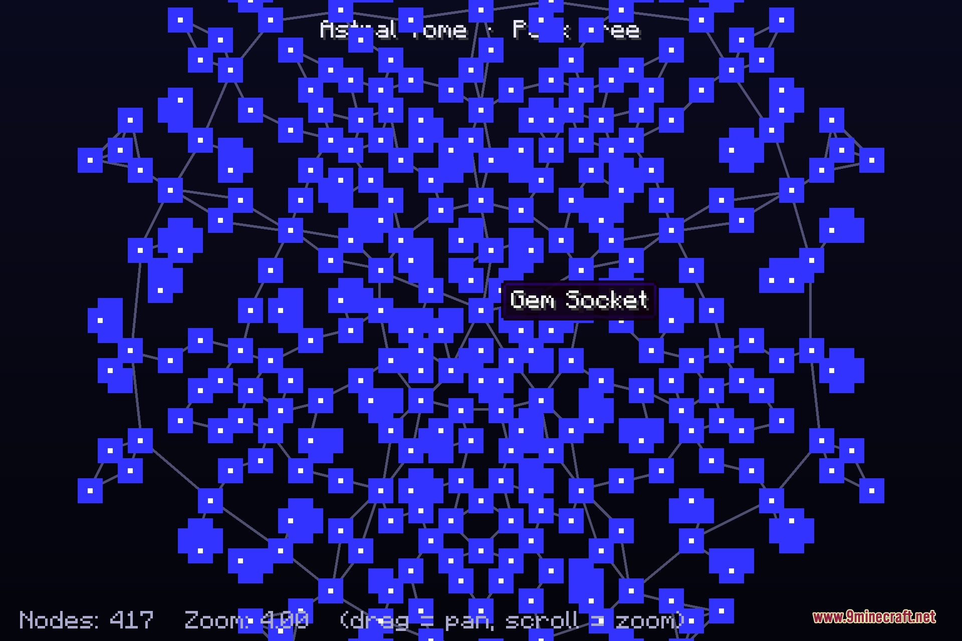 The Astral Tome Perk Tree screen, a large radial web of hundreds of blue perk nodes with the Gem Socket node highlighted