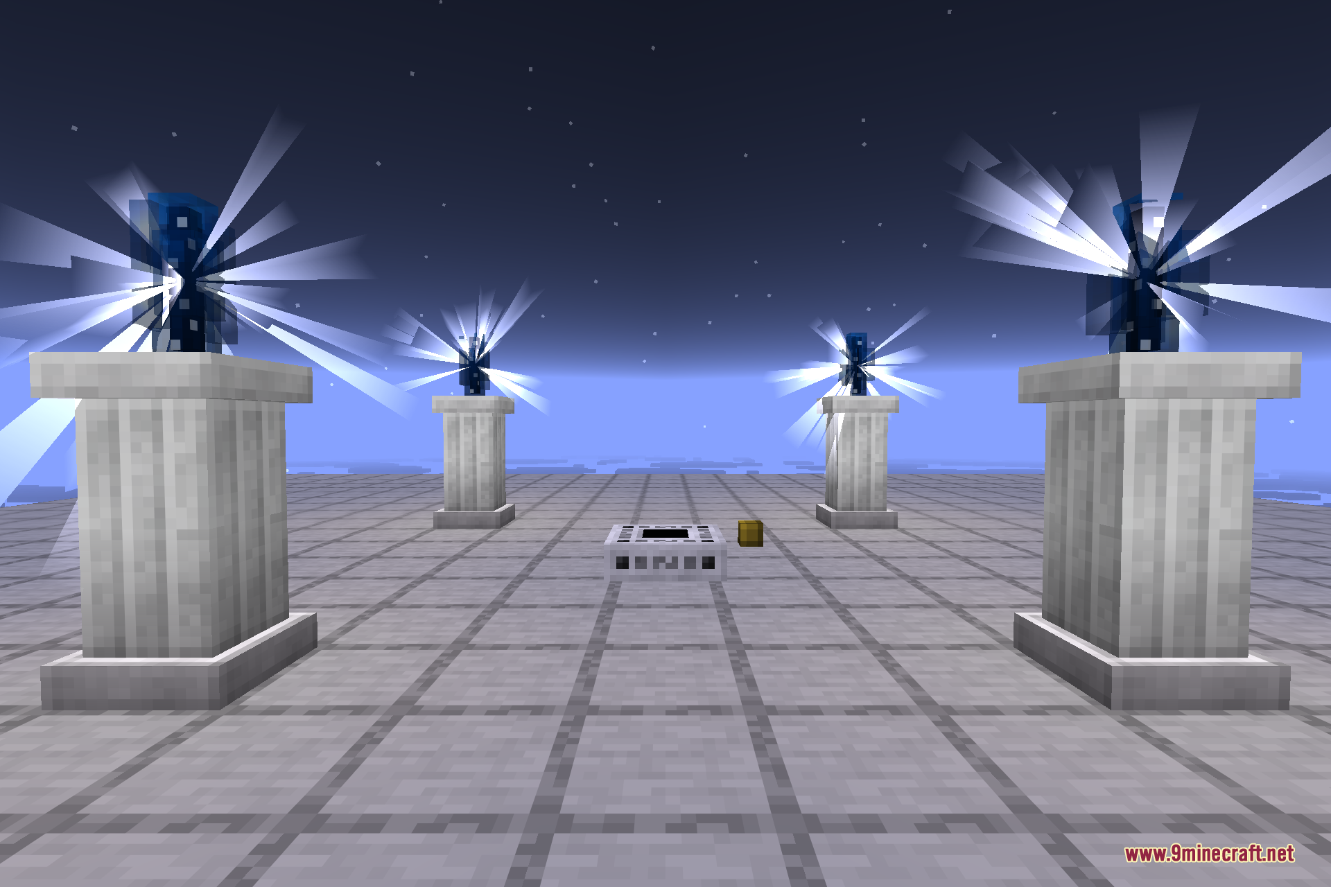 Four marble pedestals topped with Collector Crystals emitting bright starlight flares around a small altar on a marble platform beneath a starry sky