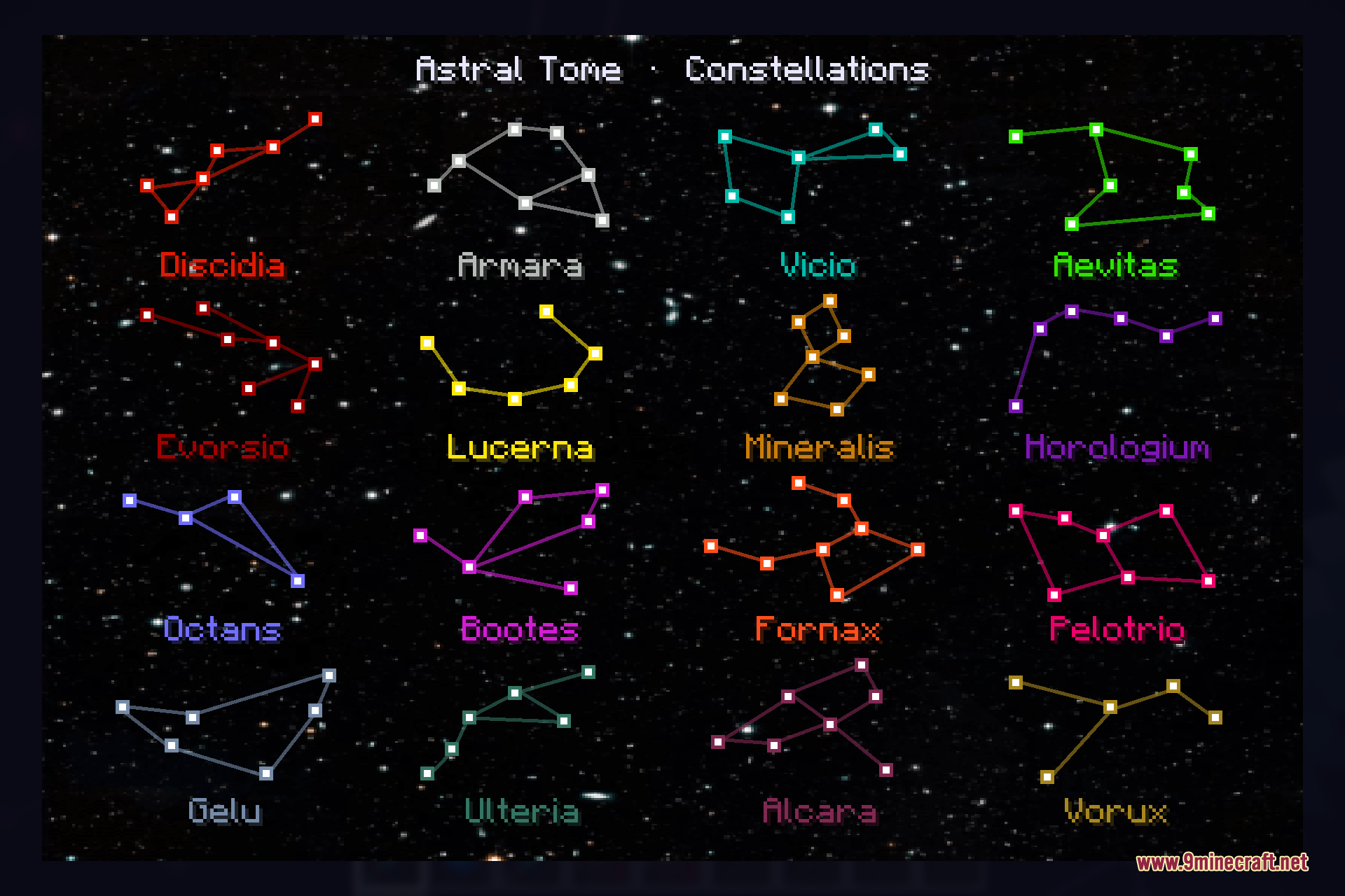 The Astral Tome constellation index displaying the full set of constellations, including Discidia, Armara, Vicio, Aevitas, Lucerna, and Horologium, each with its coloured star pattern and name