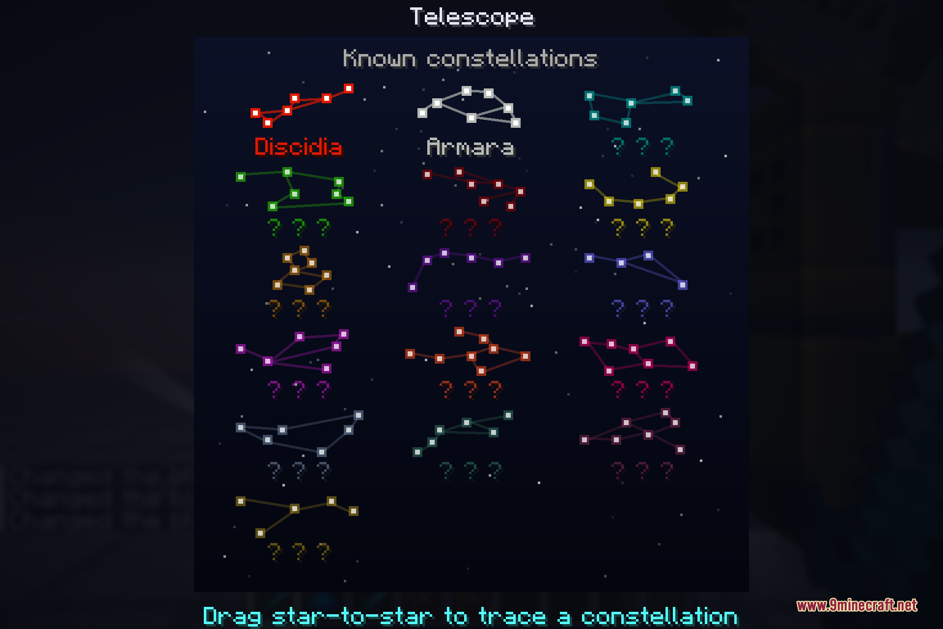 The Telescope screen used to discover constellations, showing the known constellations and the prompt to drag star to star to trace a constellation
