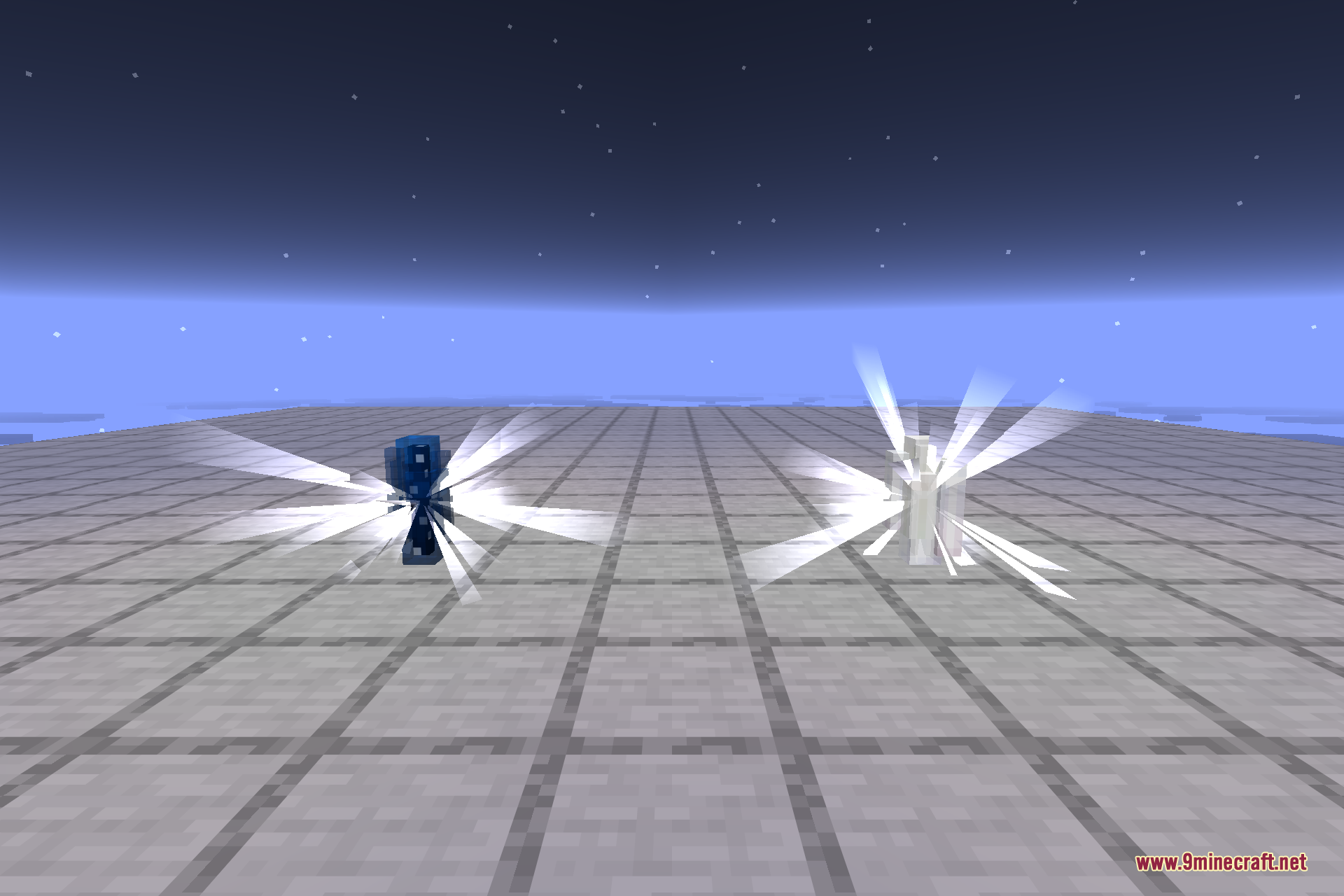 Two attuned crystals emitting bright white starlight flares across a marble-tiled platform at dusk