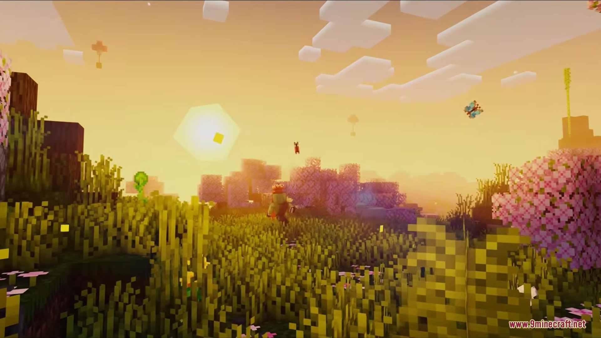 Auth Back Mod Screenshot 2 A player character exploring a lush meadow during a warm golden sunset