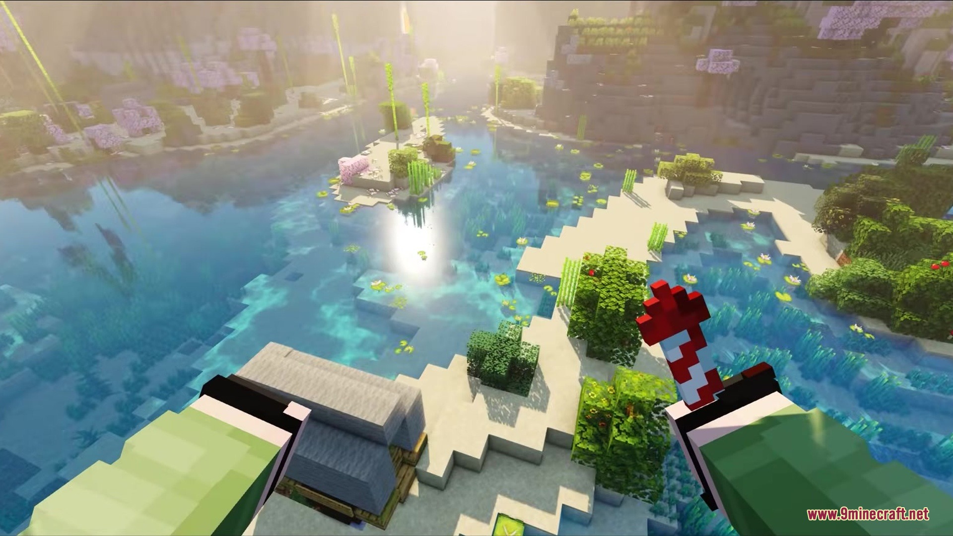 Auth Back Mod Screenshot 4 First person view of a player holding a firework rocket while flying