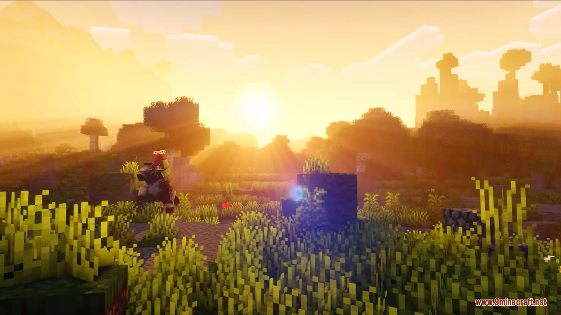 Auth Back Mod Screenshot 7 Player riding a horse through a grassy field during a beautiful orange sunset
