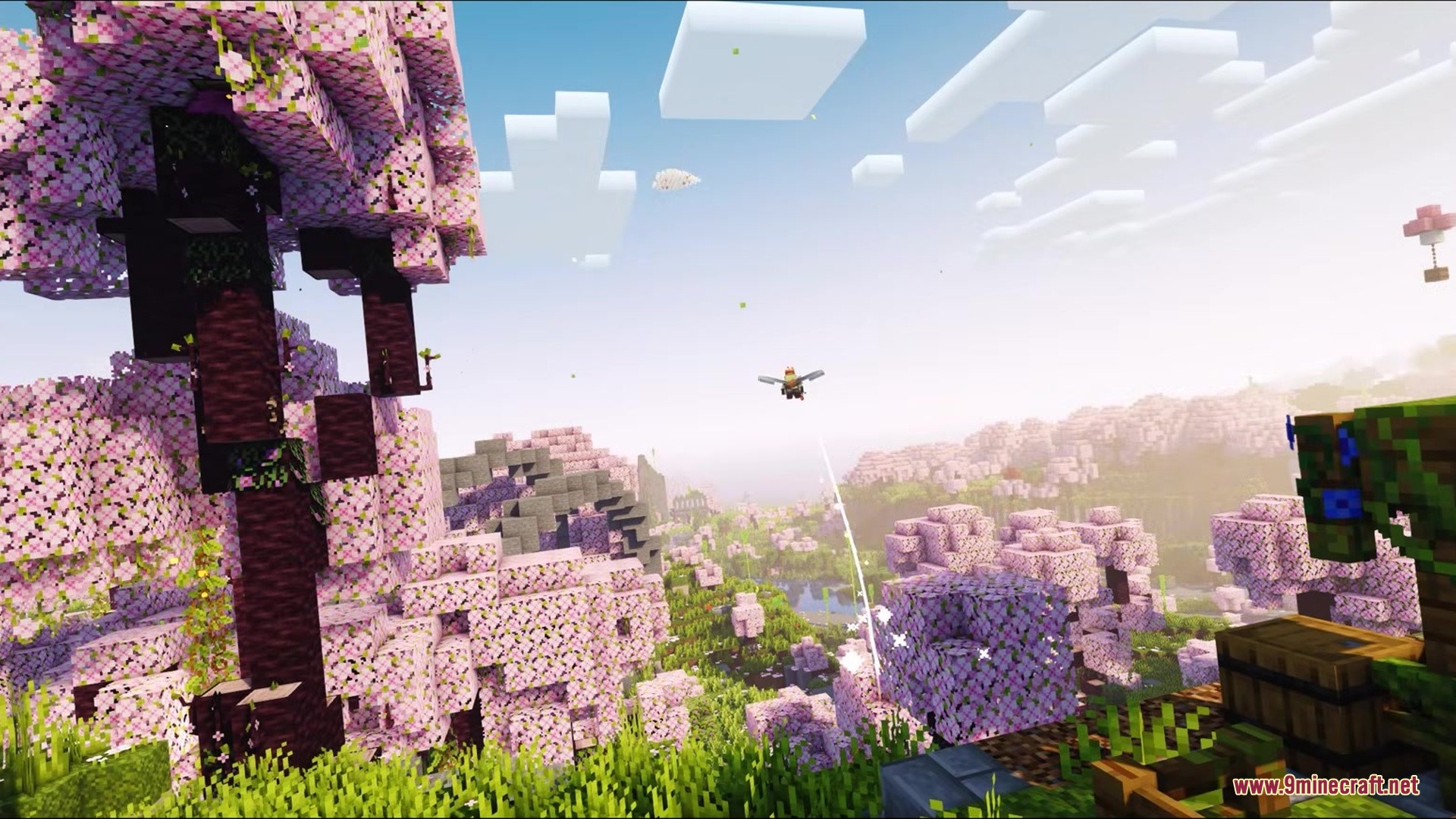 Authback Mod Screenshot 3 A player glides over a cherry grove biome with a sniffer nearby