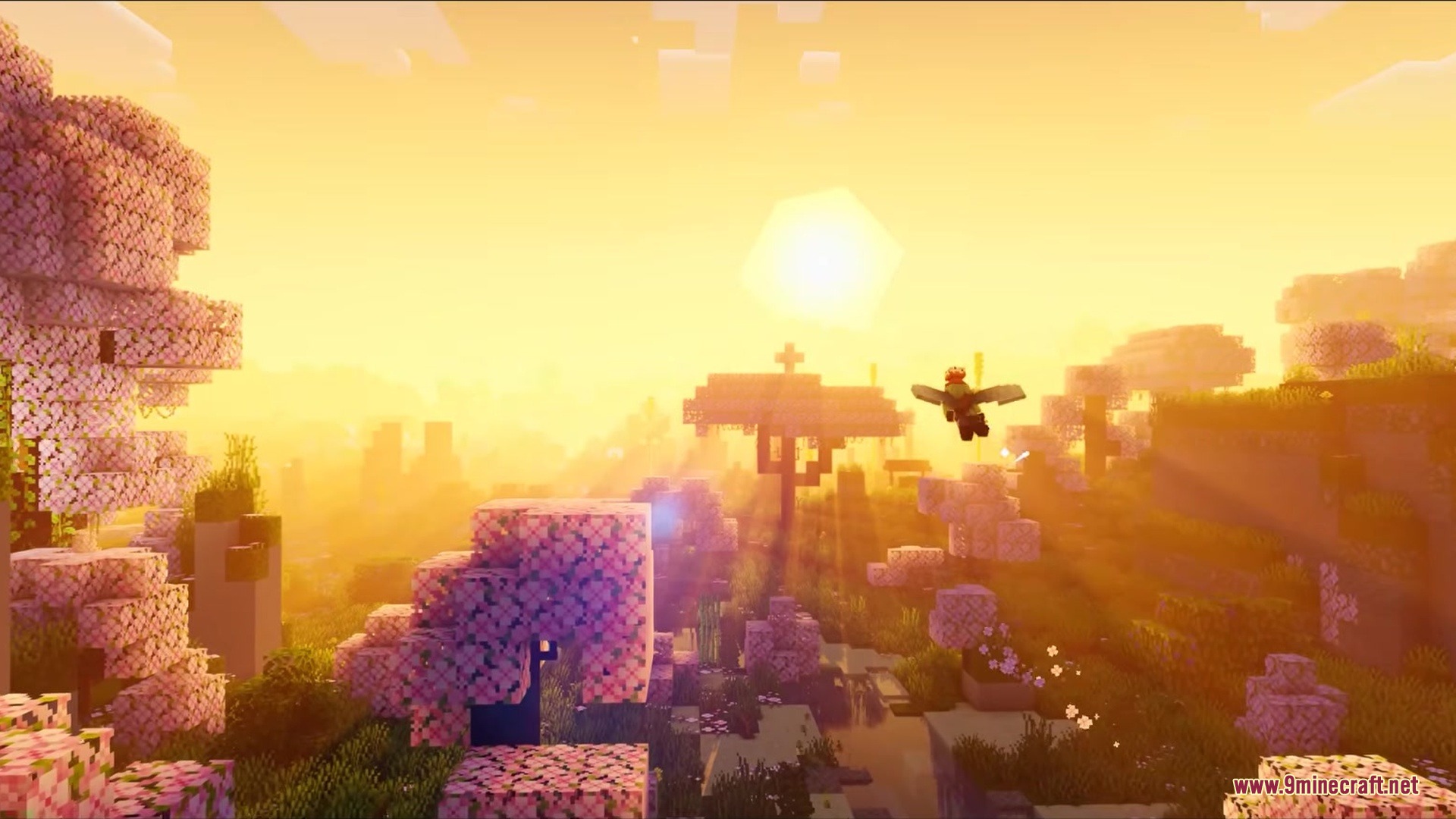 Authback Mod Screenshot 5 Player flying with elytra over a pink cherry blossom forest during sunset