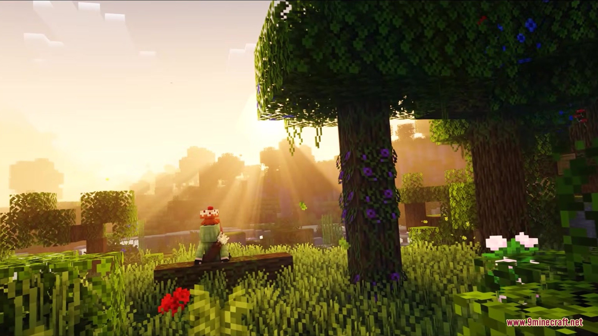 Authback Mod Screenshot 6 Minecraft character sitting on a log while sunlight filters through the trees