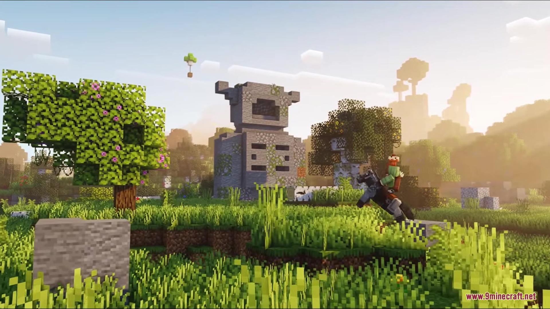 Authback Mod Screenshot 8 Player riding a horse past a large stone statue and blooming azalea trees