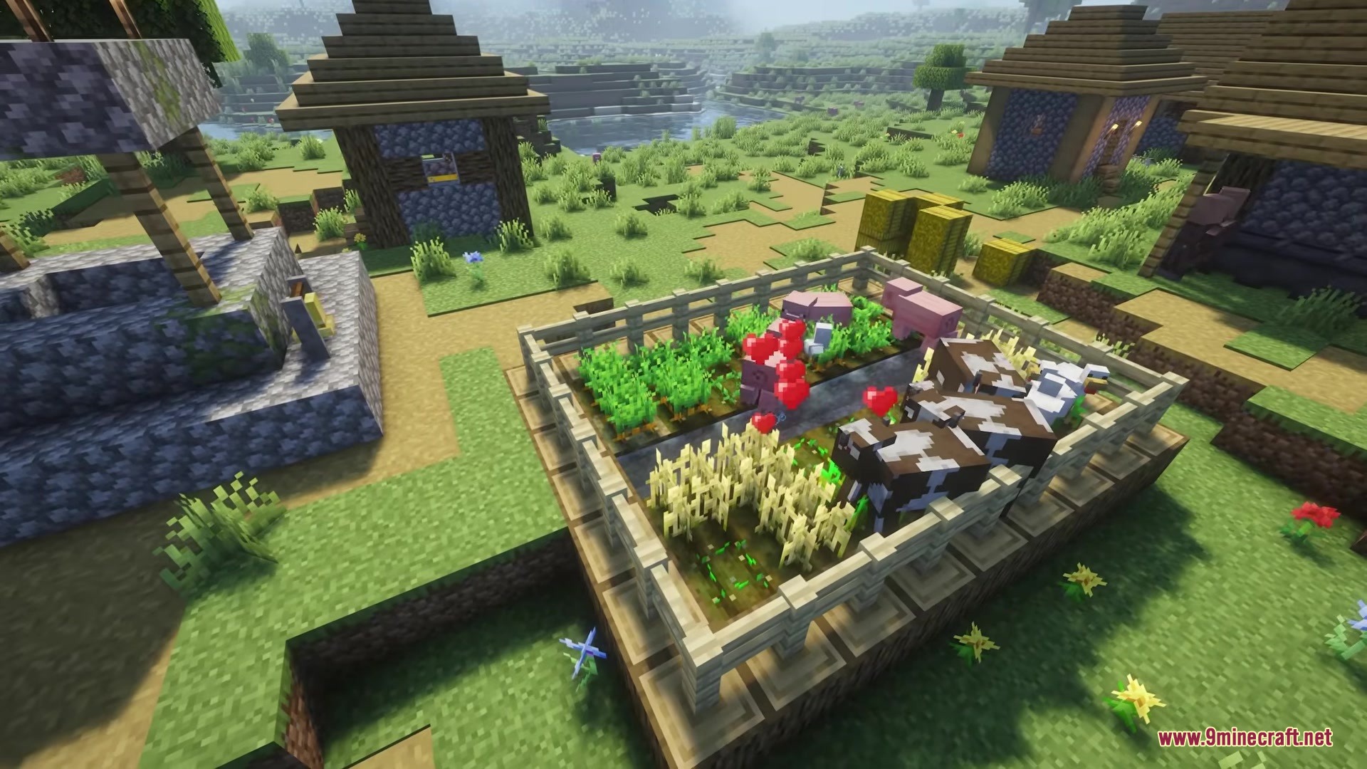 Auto Feed Animals Mod Screenshot 2 Farm animals breeding automatically in a fenced garden near a village well