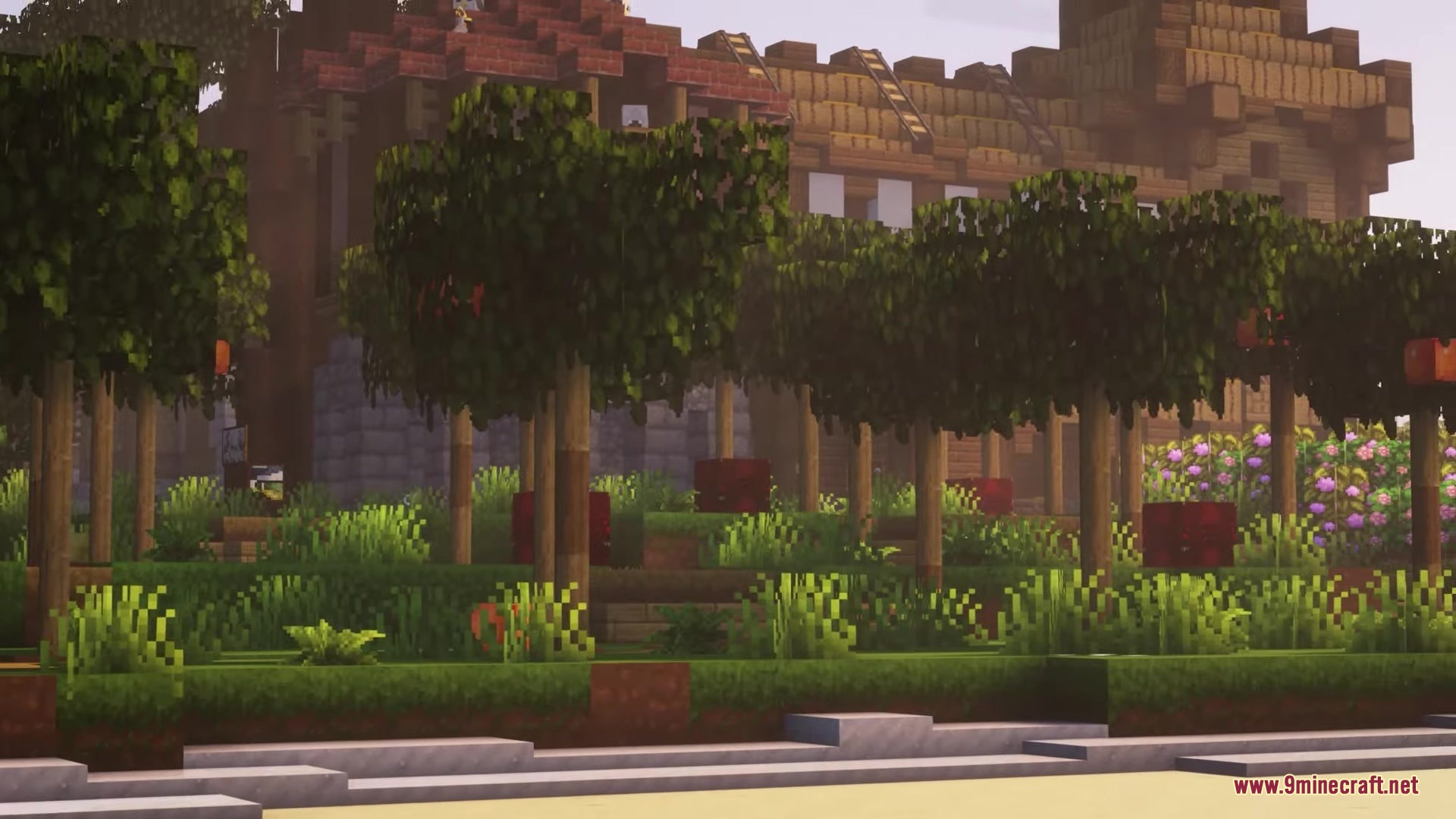 Avalon 32x Resource Pack Screenshot 1 The Avalon resource pack features a large wooden building and lush trees