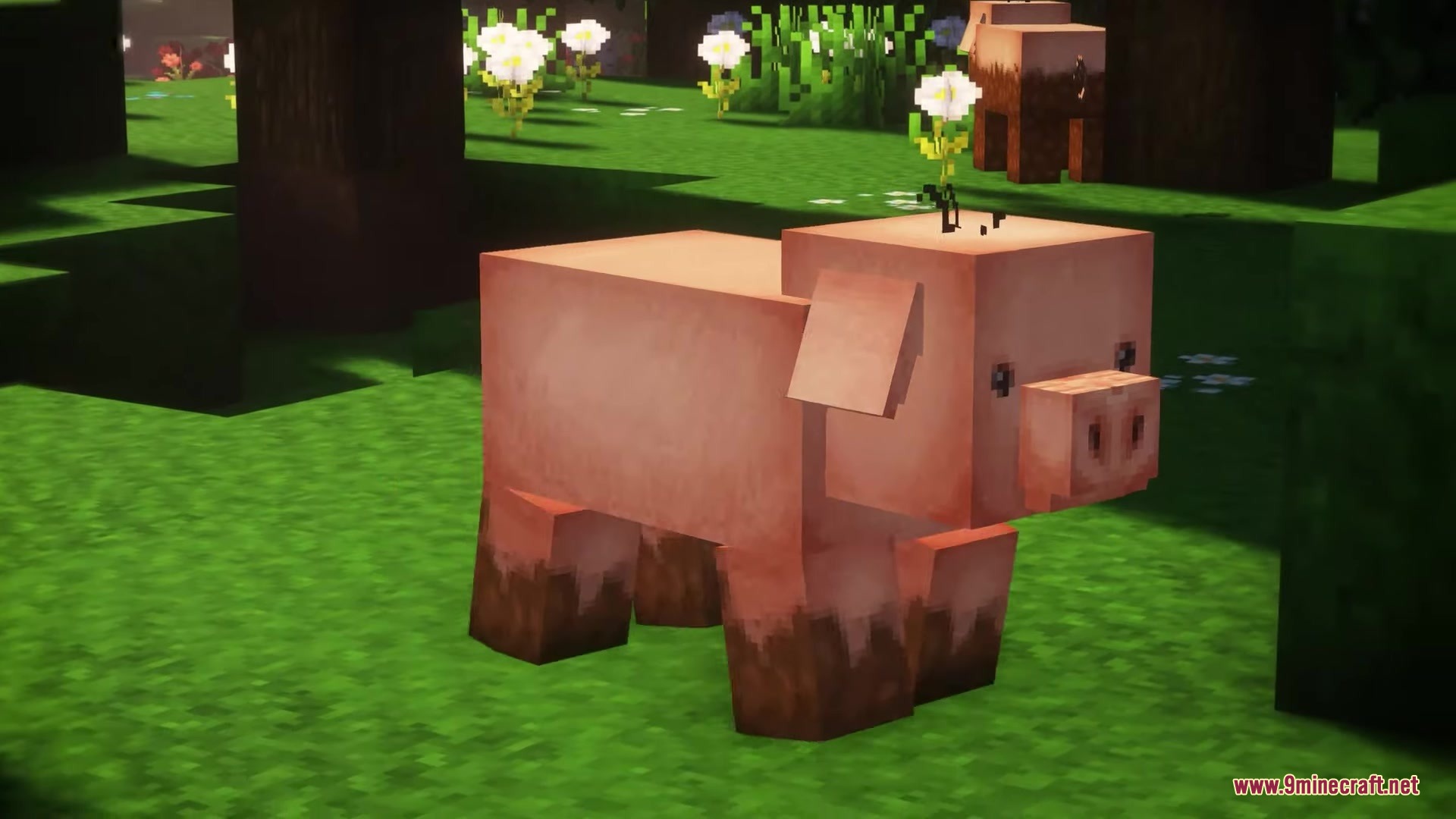 Avalon 32x Resource Pack Screenshot 10 A pink pig with muddy feet and a flower on its head in grass
