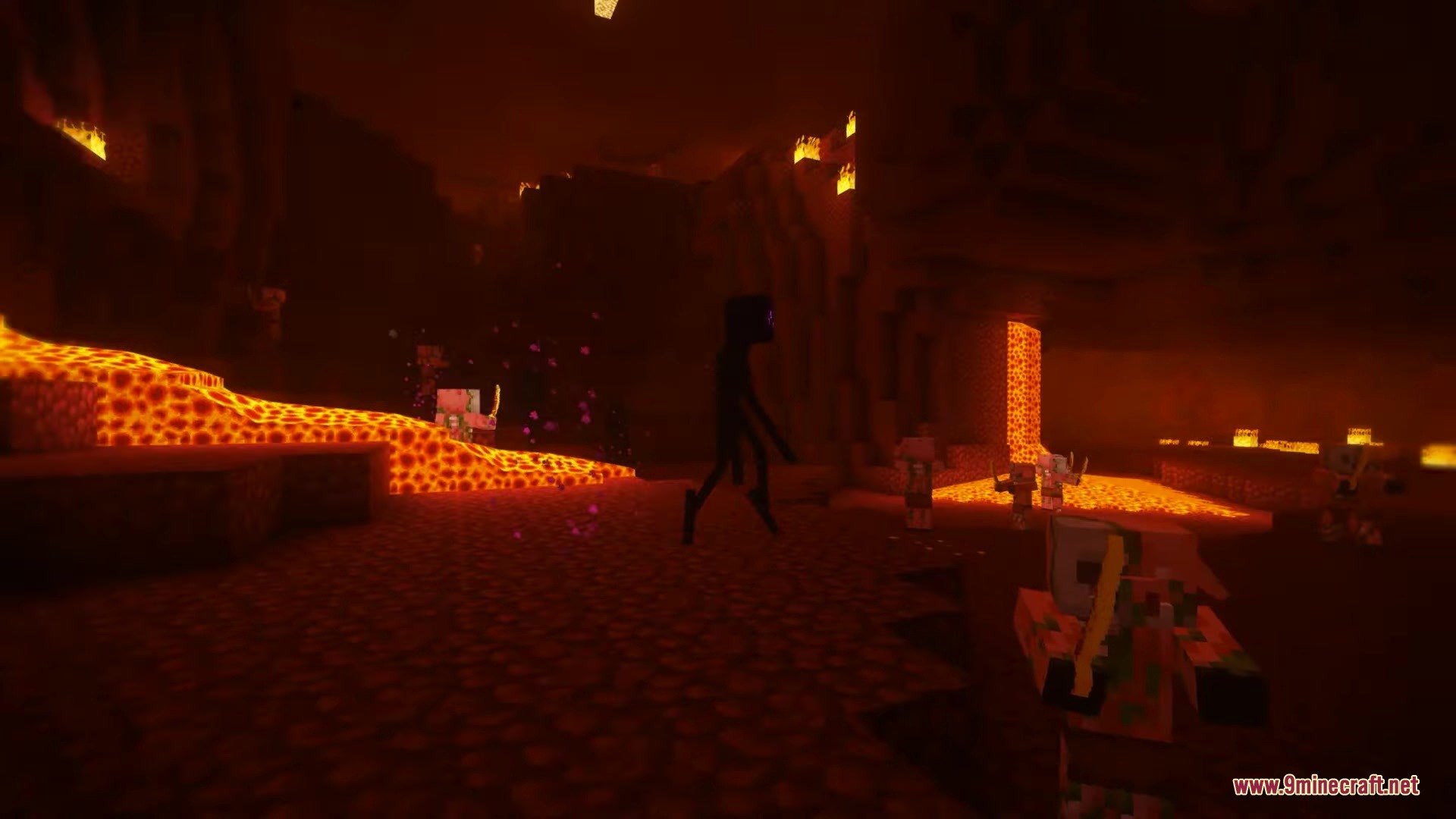 Avalon 32x Resource Pack Screenshot 11 An Enderman stands near lava flows and Piglins in the dark Nether