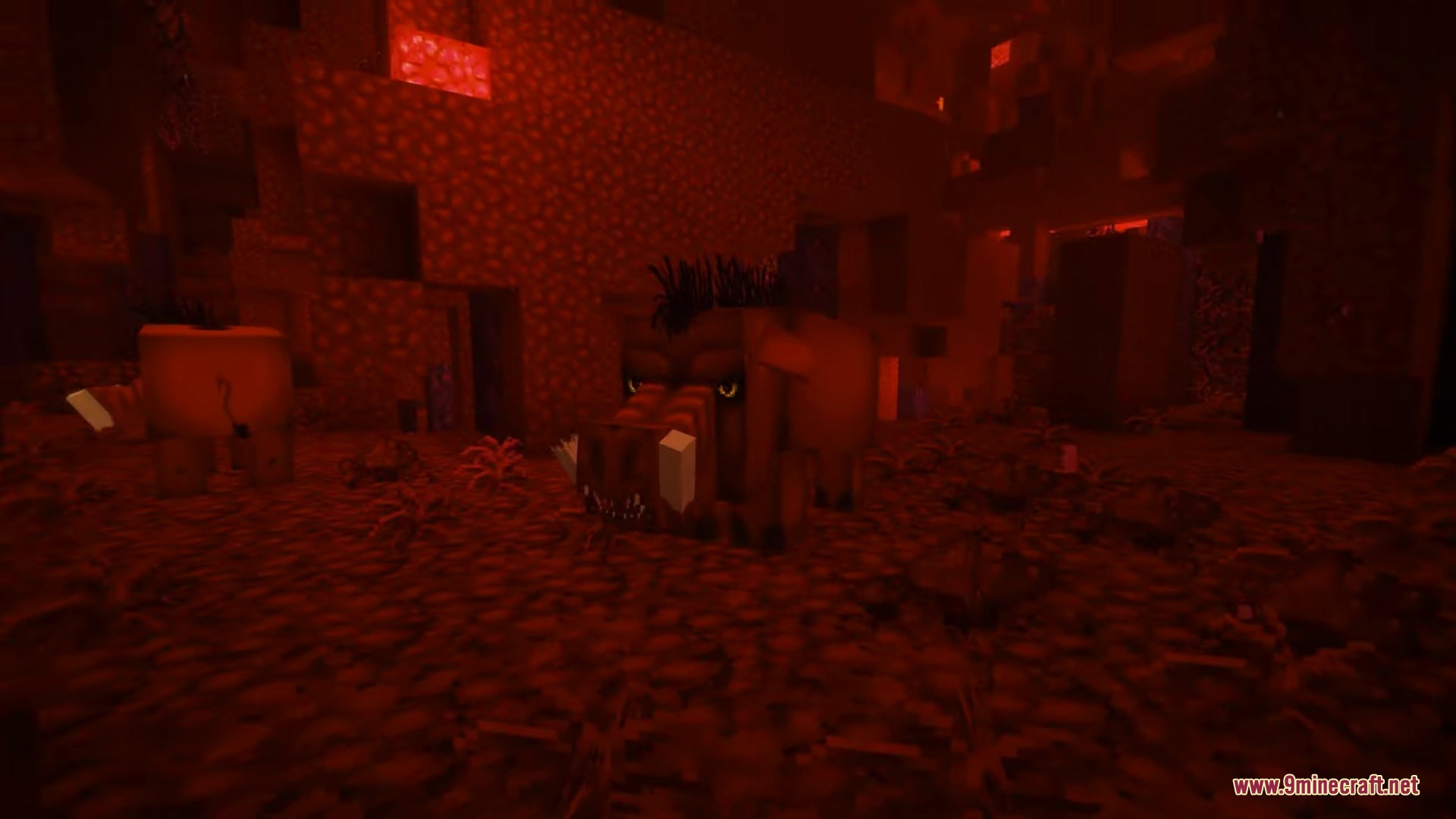 Avalon 32x Resource Pack Screenshot 13 Hoglins with unique 3D models wandering through the red Nether landscape