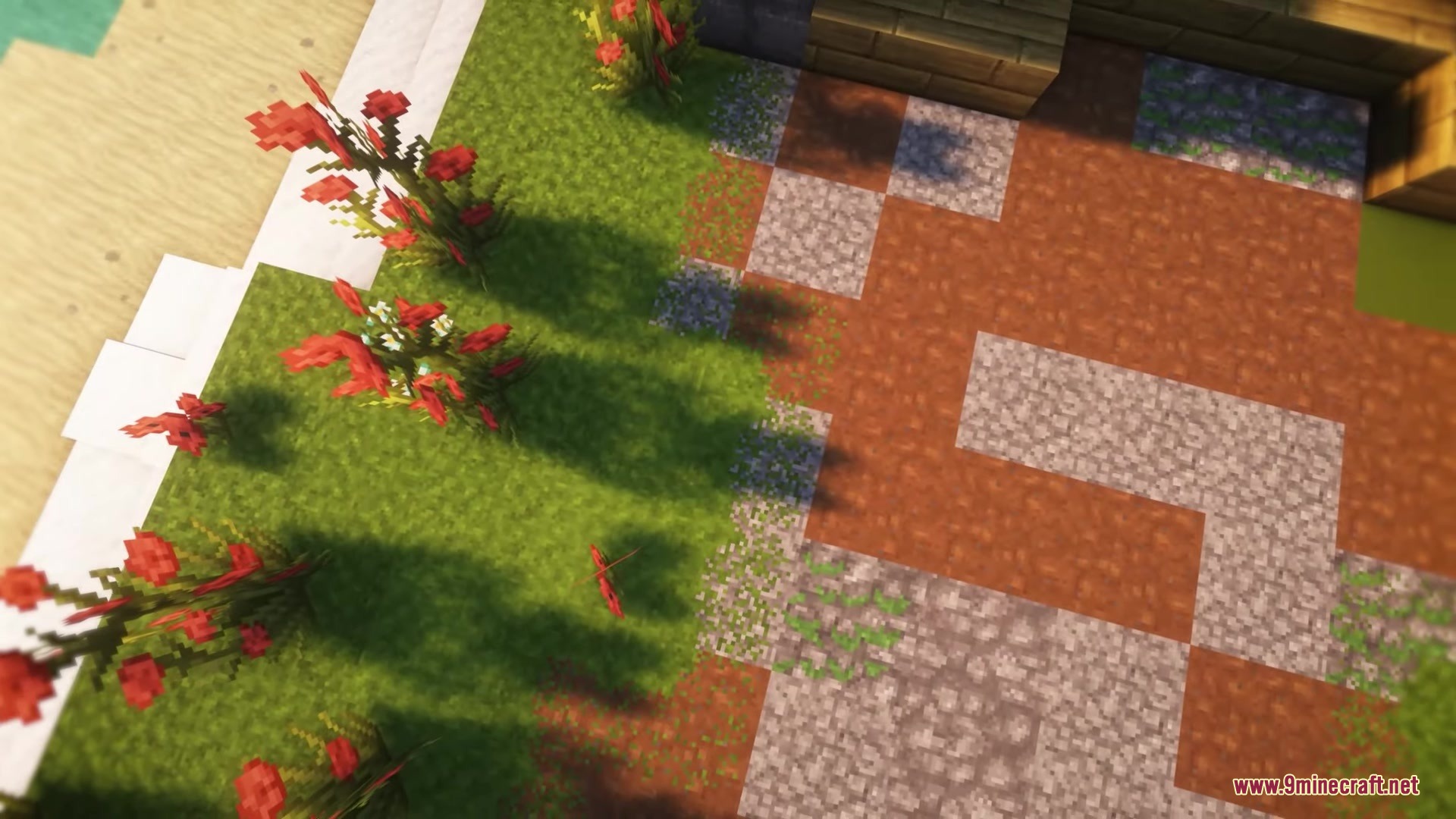 Avalon 32x Resource Pack Screenshot 2 Detailed ground textures showing a path with gravel and vibrant red flowers