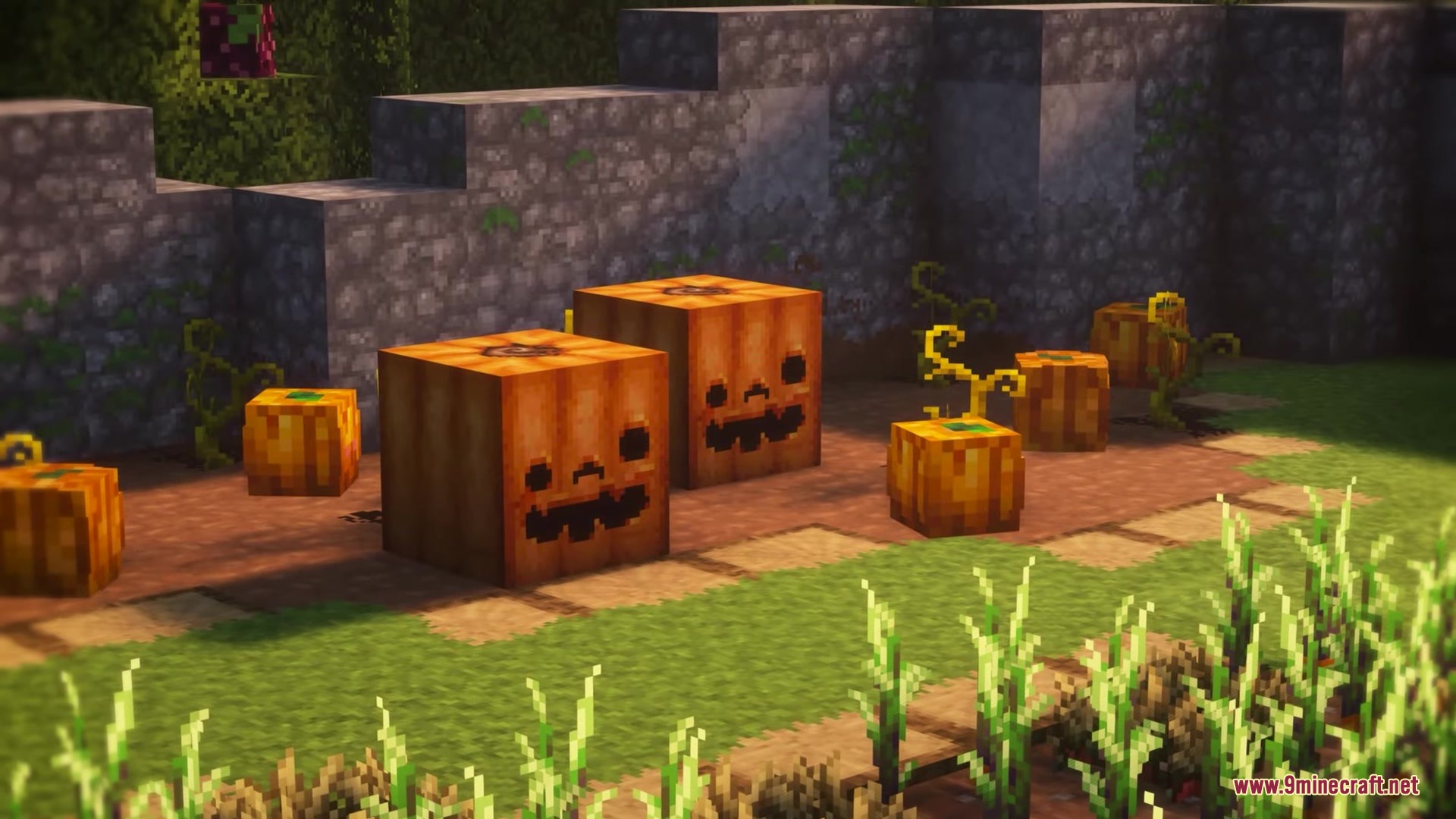 Avalon 32x Resource Pack Screenshot 5 Several carved pumpkins with cute faces sitting in a sunny garden area