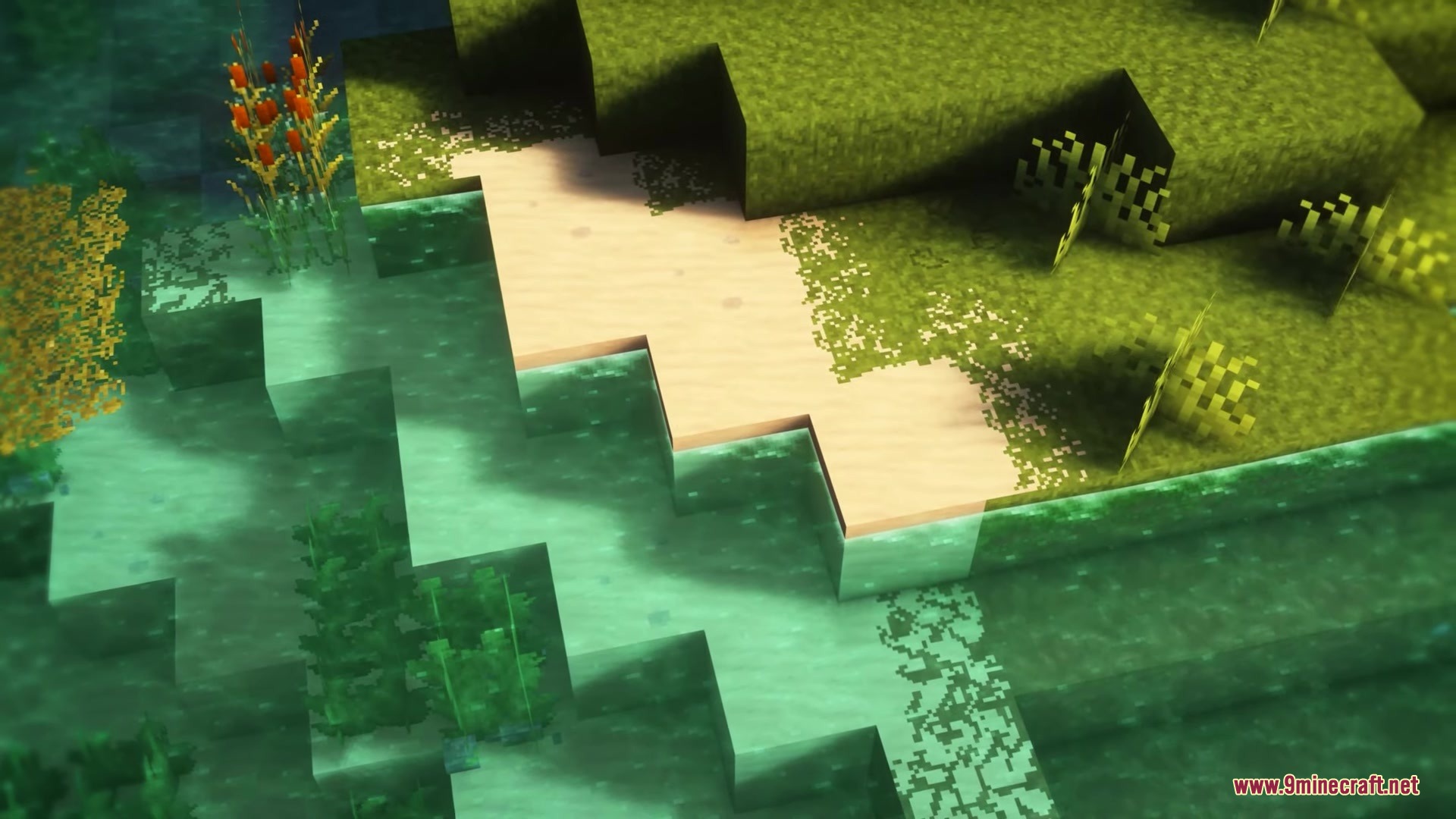 Avalon 32x Resource Pack Screenshot 8 Sunlight shines on a sandy shore next to clear water and green grass