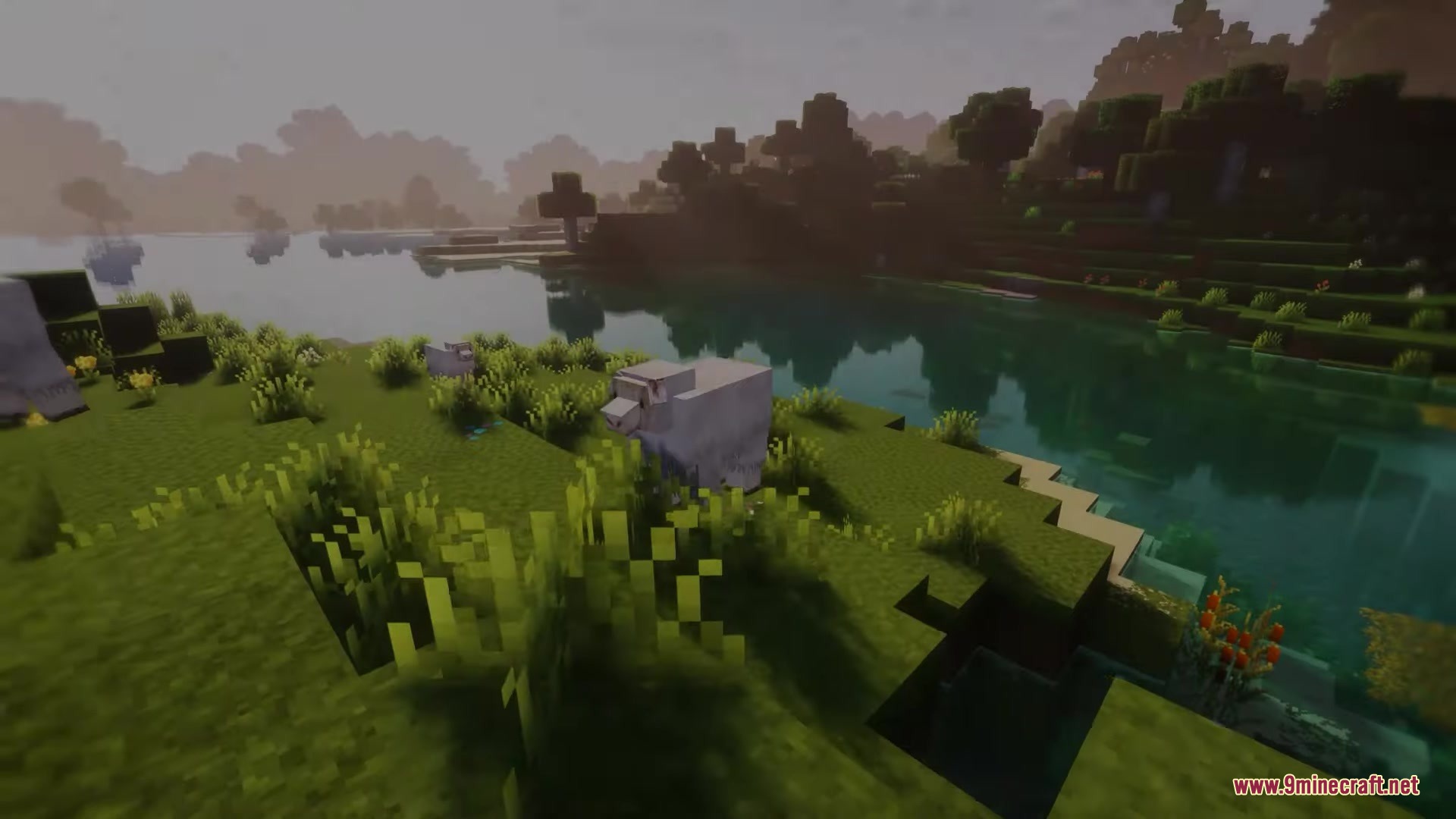 Avalon 32x Resource Pack Screenshot 9 A white sheep stands in a vibrant green field near a calm river