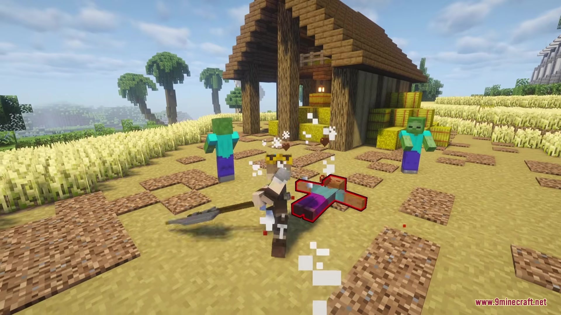 A player wearing a crown fights multiple zombies using a long spear