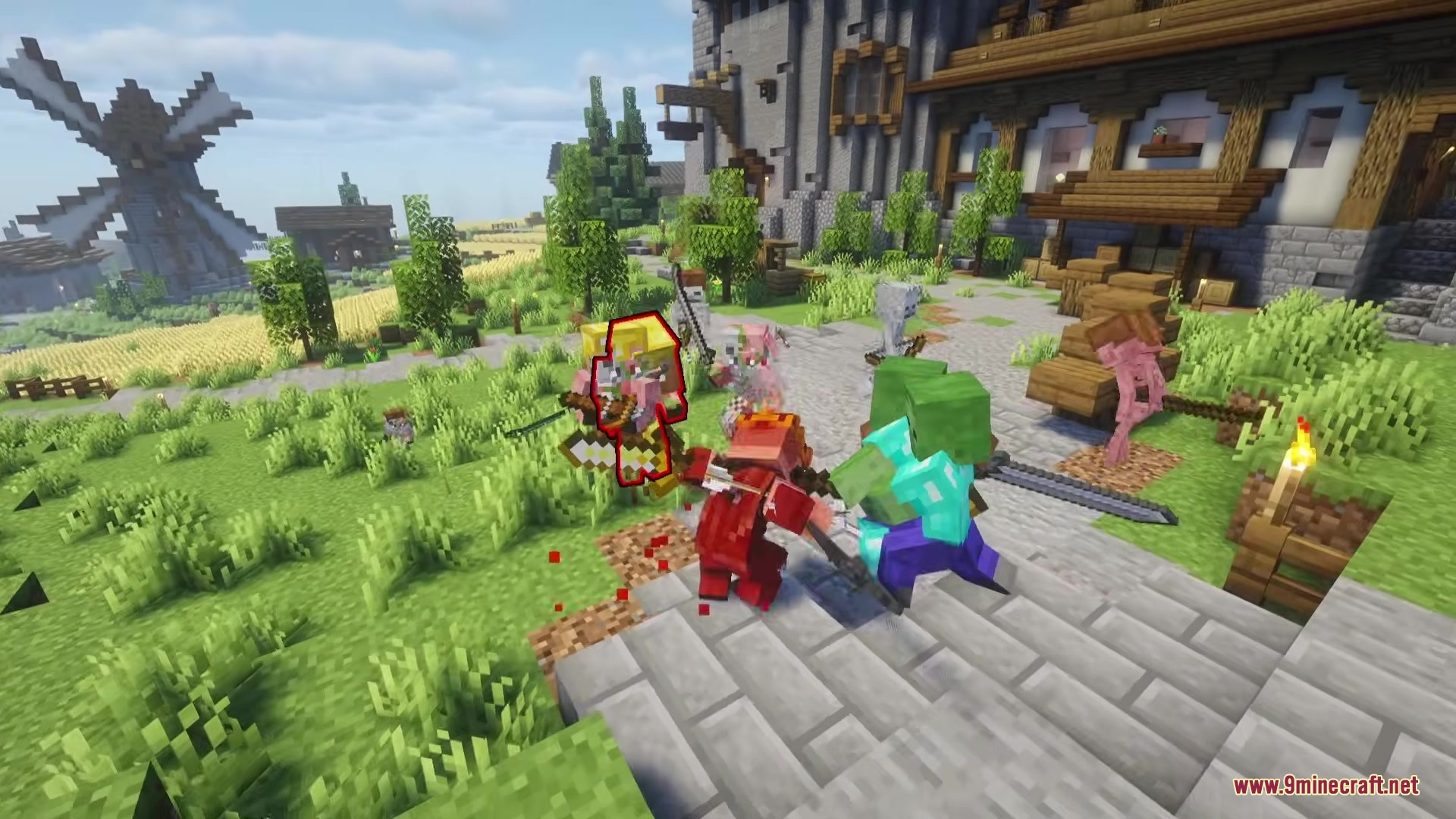 Red armored player engages in close combat with a zombie and a piglin